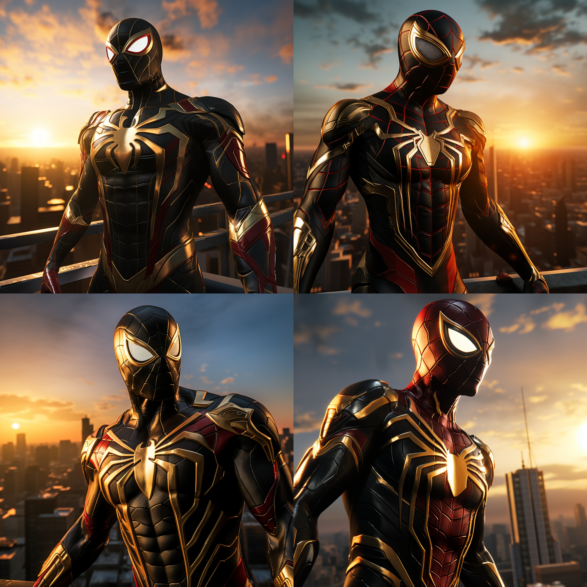 钢铁蜘蛛侠，站在高楼顶上，迎着太阳，准备开始新的战斗。背景是城市的天际线，光线明亮而温暖。蜘蛛侠身穿黑色金属质感的战衣，面具下透露出决绝的表情。风吹动他的披风，展现出力量和自由。高角度拍摄，传递出英雄的威严和勇气。蓝色调和红色的蜘蛛图案增添了战斗的紧张感和激情。蜘蛛侠面对着新的挑战，眼神中闪烁着决心和坚定。蜘蛛侠，高楼顶，太阳，金属质感，战衣，面具，披风，英雄，威严，勇气，蓝色调，红色，挑战，决心，坚定。