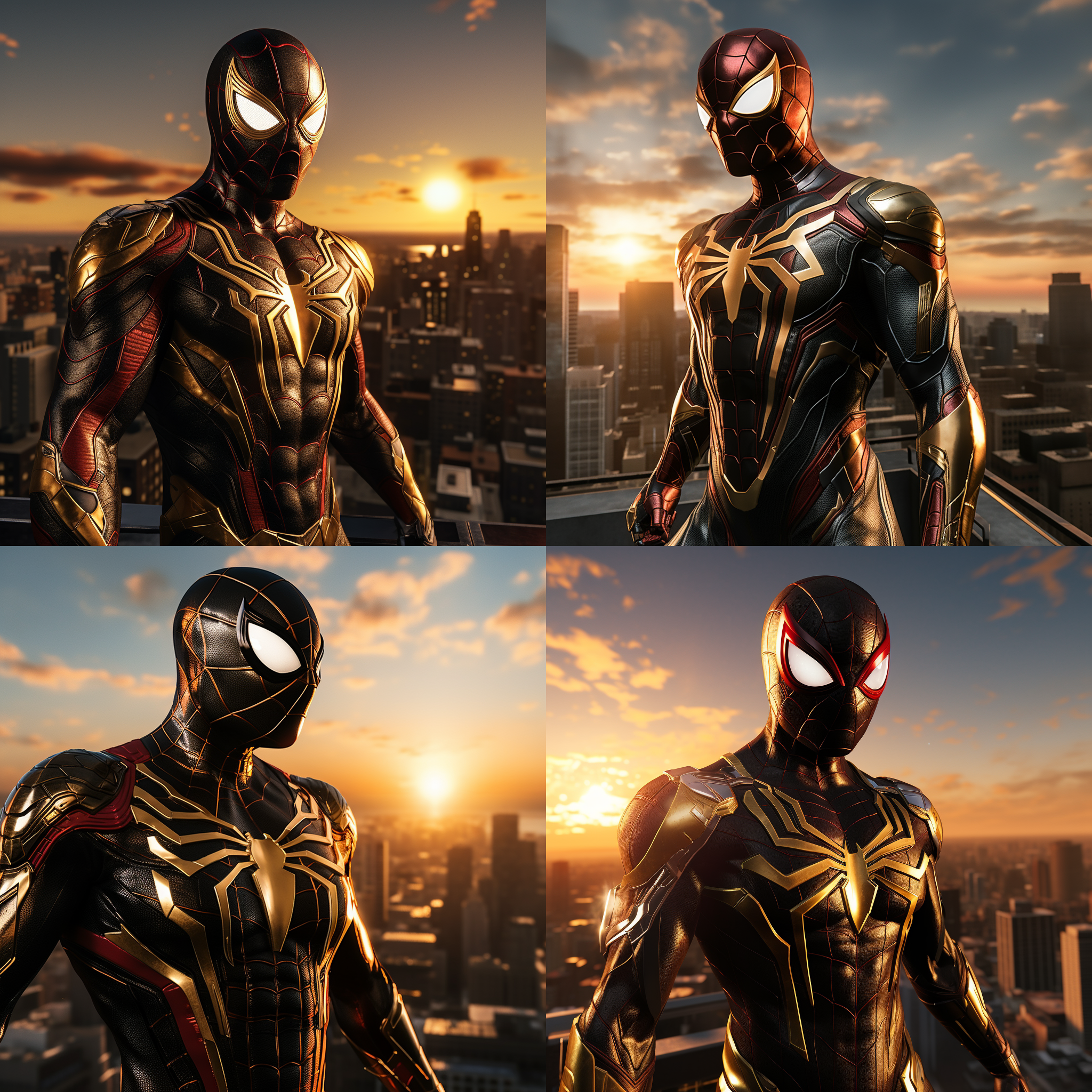 钢铁蜘蛛侠，站在高楼顶上，迎着太阳，准备开始新的战斗。背景是城市的天际线，光线明亮而温暖。蜘蛛侠身穿黑色金属质感的战衣，面具下透露出决绝的表情。风吹动他的披风，展现出力量和自由。高角度拍摄，传递出英雄的威严和勇气。蓝色调和红色的蜘蛛图案增添了战斗的紧张感和激情。蜘蛛侠面对着新的挑战，眼神中闪烁着决心和坚定。蜘蛛侠，高楼顶，太阳，金属质感，战衣，面具，披风，英雄，威严，勇气，蓝色调，红色，挑战，决心，坚定。