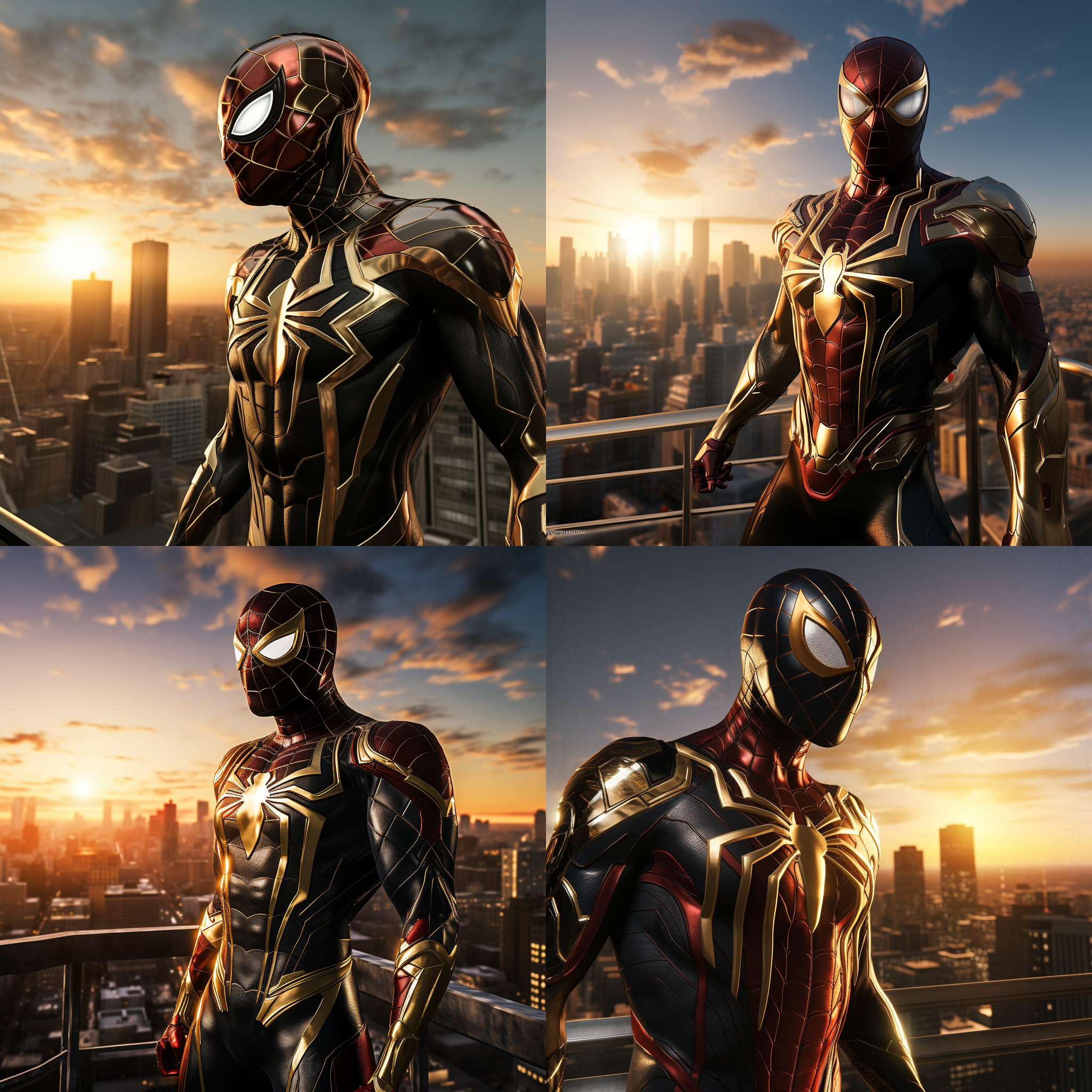 钢铁蜘蛛侠，站在高楼顶上，迎着太阳，准备开始新的战斗。背景是城市的天际线，光线明亮而温暖。蜘蛛侠身穿黑色金属质感的战衣，面具下透露出决绝的表情。风吹动他的披风，展现出力量和自由。高角度拍摄，传递出英雄的威严和勇气。蓝色调和红色的蜘蛛图案增添了战斗的紧张感和激情。蜘蛛侠面对着新的挑战，眼神中闪烁着决心和坚定。蜘蛛侠，高楼顶，太阳，金属质感，战衣，面具，披风，英雄，威严，勇气，蓝色调，红色，挑战，决心，坚定。