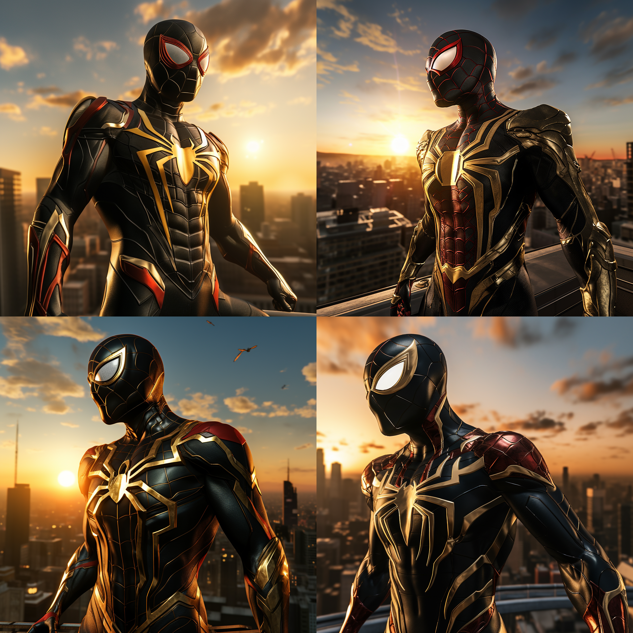 钢铁蜘蛛侠，站在高楼顶上，迎着太阳，准备开始新的战斗。背景是城市的天际线，光线明亮而温暖。蜘蛛侠身穿黑色金属质感的战衣，面具下透露出决绝的表情。风吹动他的披风，展现出力量和自由。高角度拍摄，传递出英雄的威严和勇气。蓝色调和红色的蜘蛛图案增添了战斗的紧张感和激情。蜘蛛侠面对着新的挑战，眼神中闪烁着决心和坚定。蜘蛛侠，高楼顶，太阳，金属质感，战衣，面具，披风，英雄，威严，勇气，蓝色调，红色，挑战，决心，坚定。