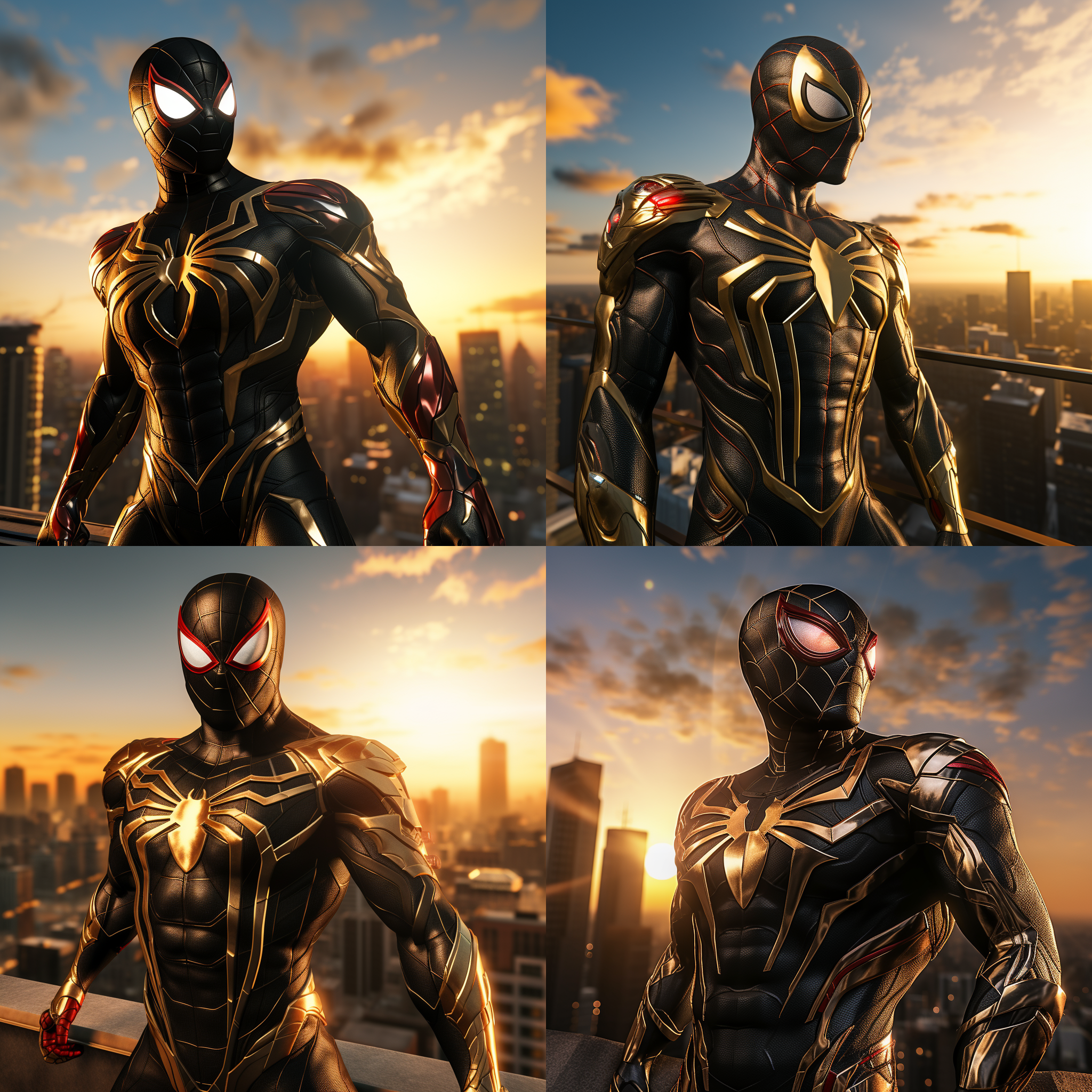 钢铁蜘蛛侠，站在高楼顶上，迎着太阳，准备开始新的战斗。背景是城市的天际线，光线明亮而温暖。蜘蛛侠身穿黑色金属质感的战衣，面具下透露出决绝的表情。风吹动他的披风，展现出力量和自由。高角度拍摄，传递出英雄的威严和勇气。蓝色调和红色的蜘蛛图案增添了战斗的紧张感和激情。蜘蛛侠面对着新的挑战，眼神中闪烁着决心和坚定。蜘蛛侠，高楼顶，太阳，金属质感，战衣，面具，披风，英雄，威严，勇气，蓝色调，红色，挑战，决心，坚定。