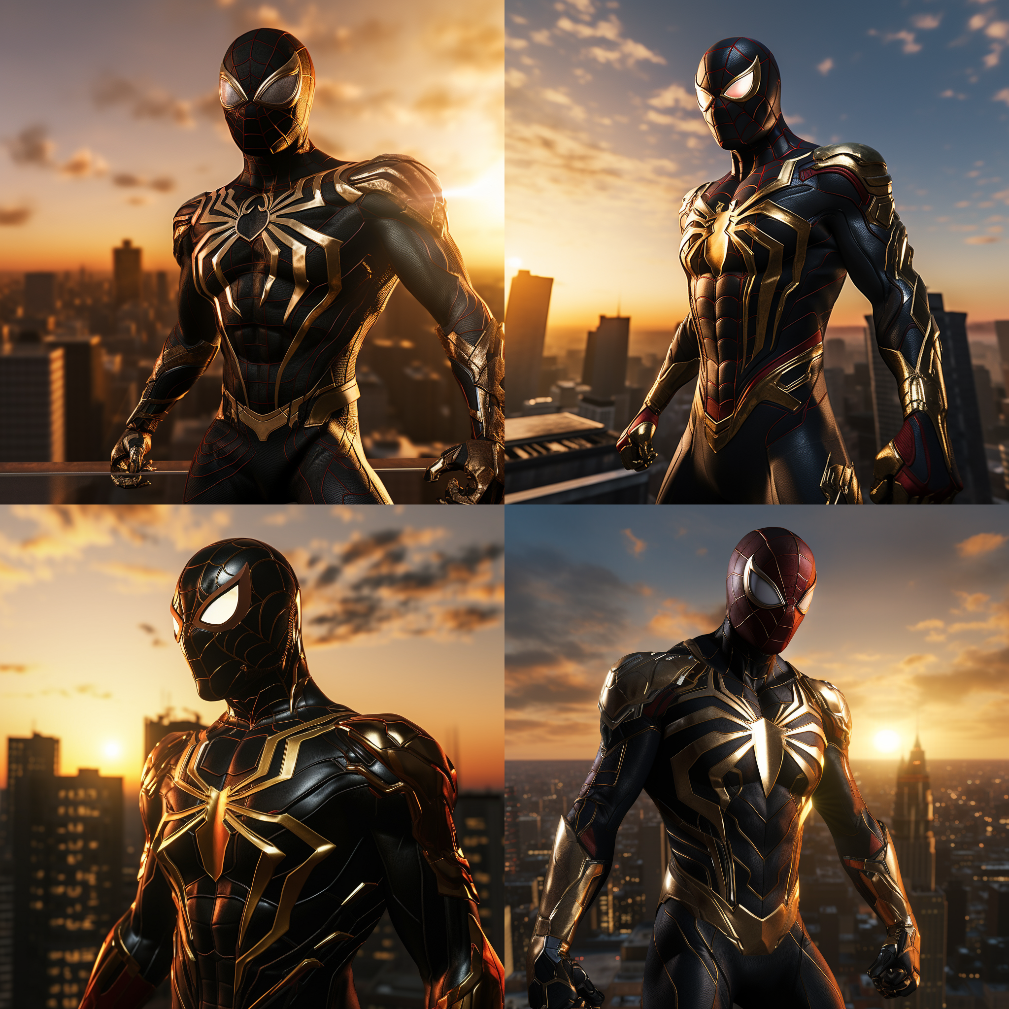 钢铁蜘蛛侠，站在高楼顶上，迎着太阳，准备开始新的战斗。背景是城市的天际线，光线明亮而温暖。蜘蛛侠身穿黑色金属质感的战衣，面具下透露出决绝的表情。风吹动他的披风，展现出力量和自由。高角度拍摄，传递出英雄的威严和勇气。蓝色调和红色的蜘蛛图案增添了战斗的紧张感和激情。蜘蛛侠面对着新的挑战，眼神中闪烁着决心和坚定。蜘蛛侠，高楼顶，太阳，金属质感，战衣，面具，披风，英雄，威严，勇气，蓝色调，红色，挑战，决心，坚定。