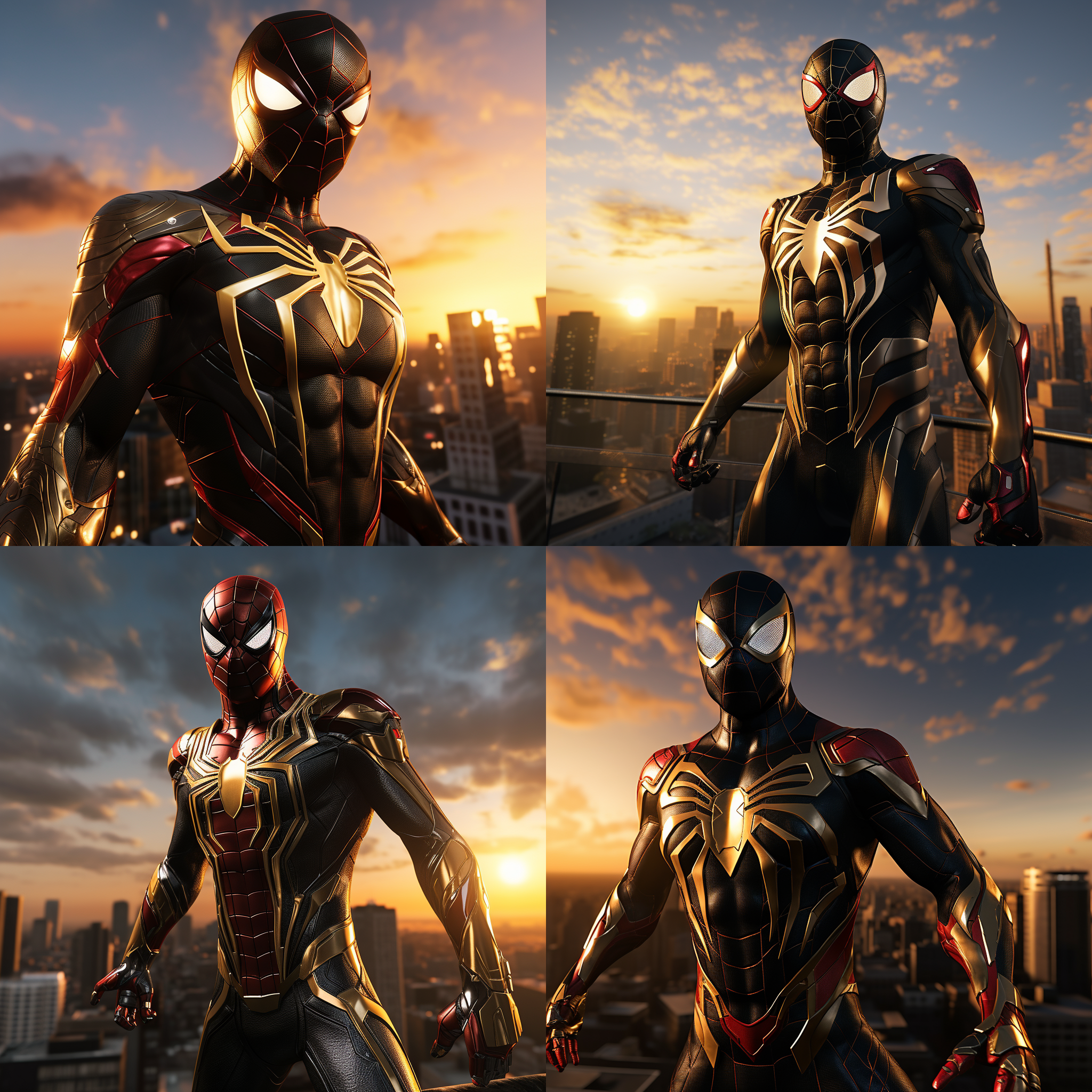 钢铁蜘蛛侠，站在高楼顶上，迎着太阳，准备开始新的战斗。背景是城市的天际线，光线明亮而温暖。蜘蛛侠身穿黑色金属质感的战衣，面具下透露出决绝的表情。风吹动他的披风，展现出力量和自由。高角度拍摄，传递出英雄的威严和勇气。蓝色调和红色的蜘蛛图案增添了战斗的紧张感和激情。蜘蛛侠面对着新的挑战，眼神中闪烁着决心和坚定。蜘蛛侠，高楼顶，太阳，金属质感，战衣，面具，披风，英雄，威严，勇气，蓝色调，红色，挑战，决心，坚定。