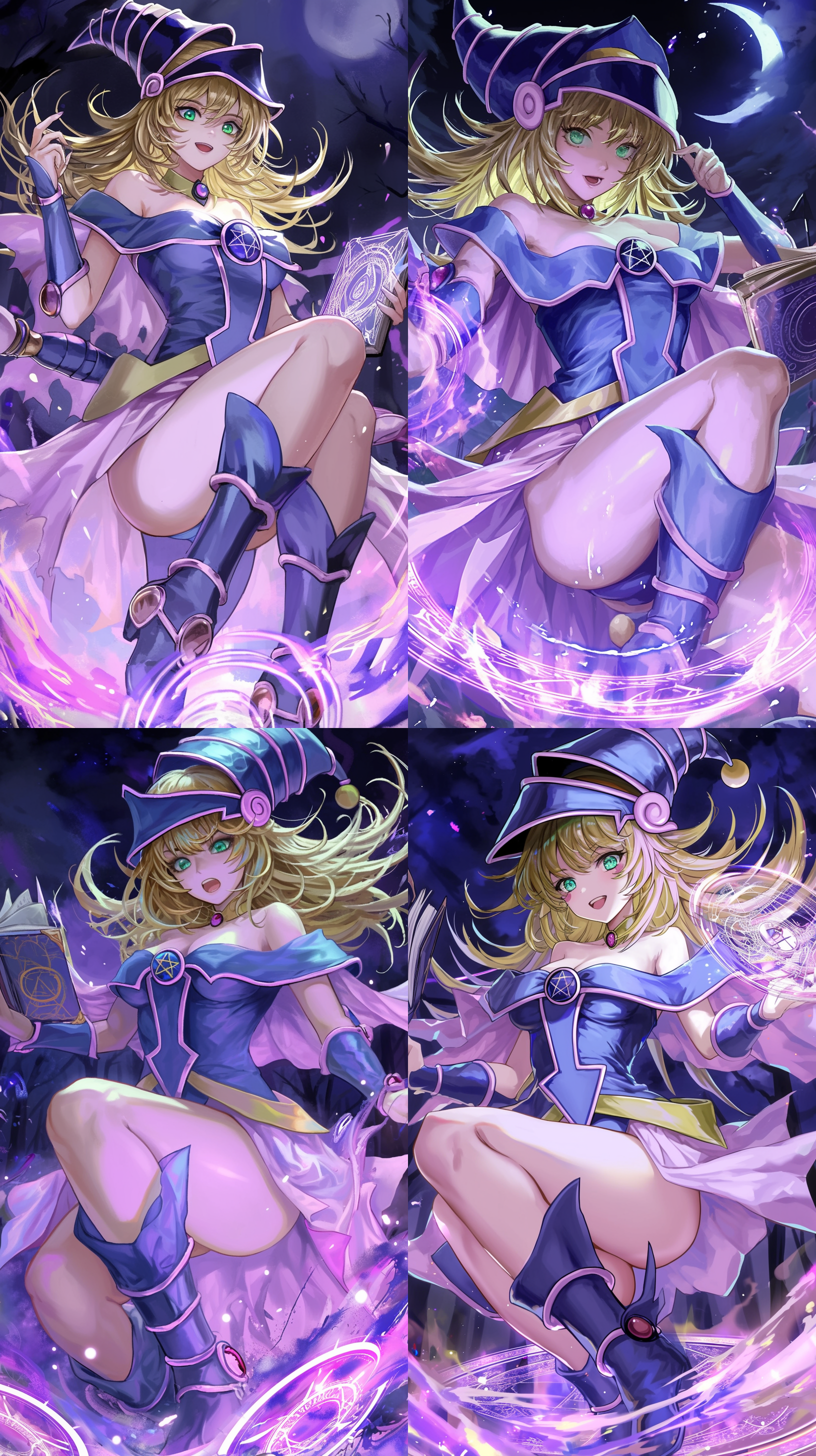 黑发魔女站在森林中，全身人物，正视角，夜晚，身穿白色法袍，右手手捧魔法书，地上出现紫色火焰，面前浮现出紫色魔法阵，魔法符号悬浮，能量展现，细节丰富，神秘光影，周围有着紫色火焰。