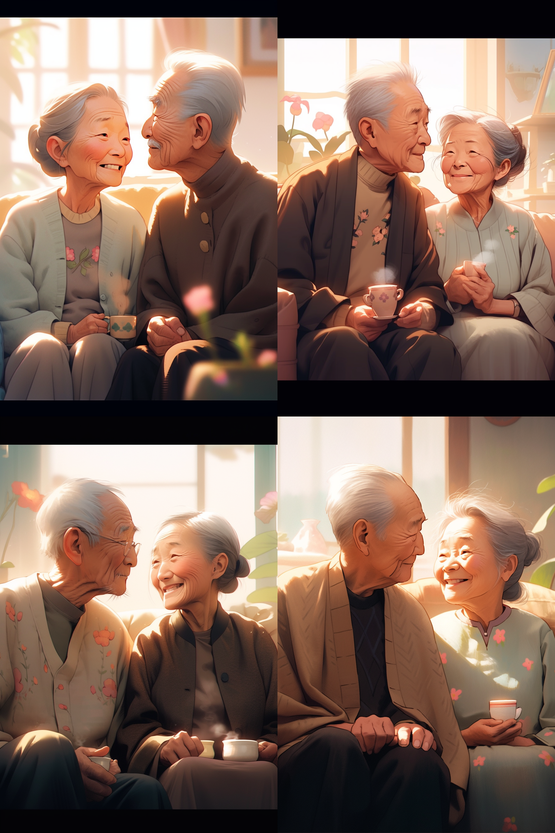 老夫妻，坐在沙发上，温馨对视，室内环境，柔和色调，中焦镜头，正面光，静态，亲密，幸福。