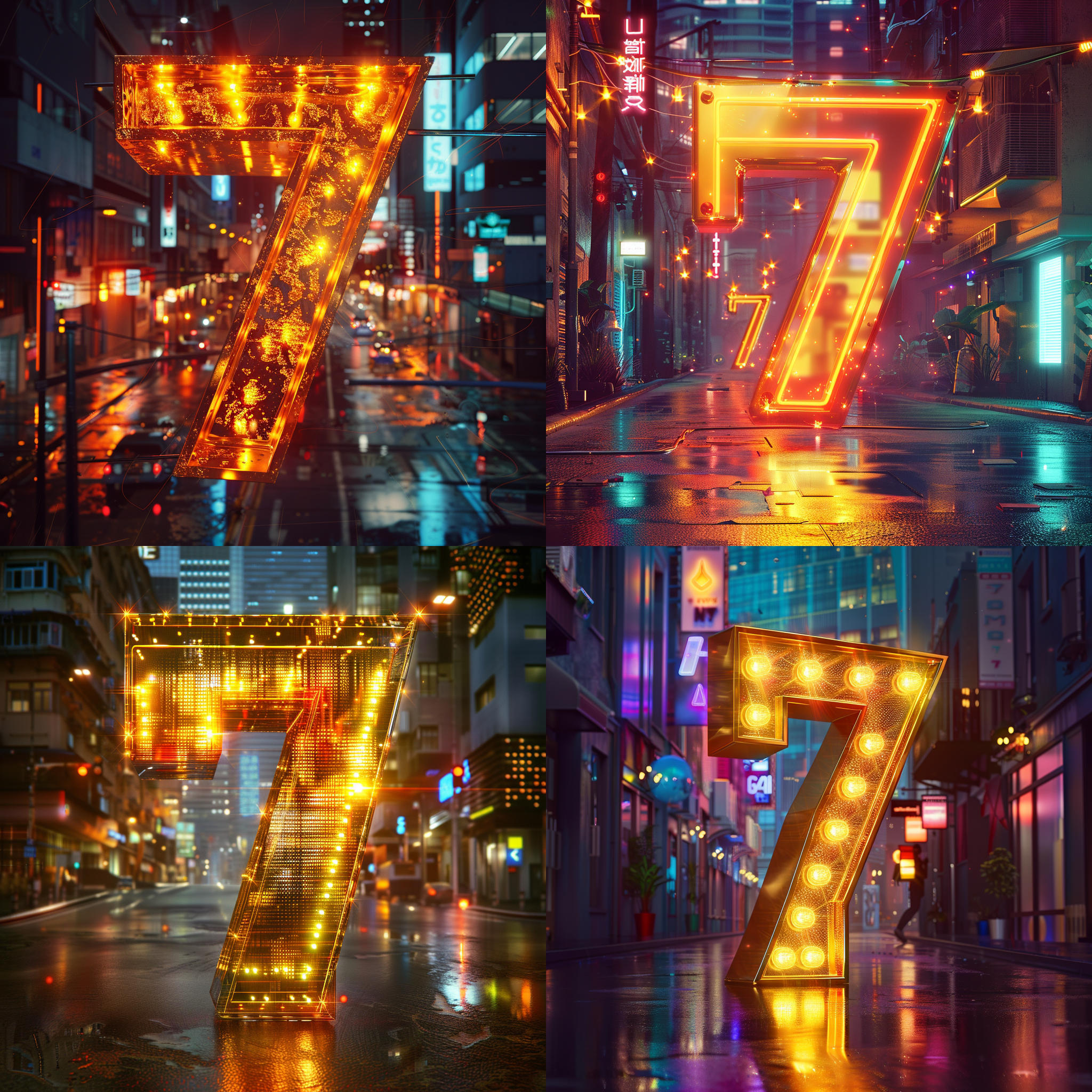 闪光的金色数字7，背景是夜晚的城市街道，霓虹灯照亮整个场景。数字7以大写字母的形式呈现，线条流畅，充满现代感。整体构图简洁明快，色彩鲜艳，透露出一种时尚和动感。霓虹灯数字7闪耀着金光，给人一种奇幻、梦幻的感觉。金色、奇幻、现代、动感、时尚、夜晚、霓虹灯、城市风景。