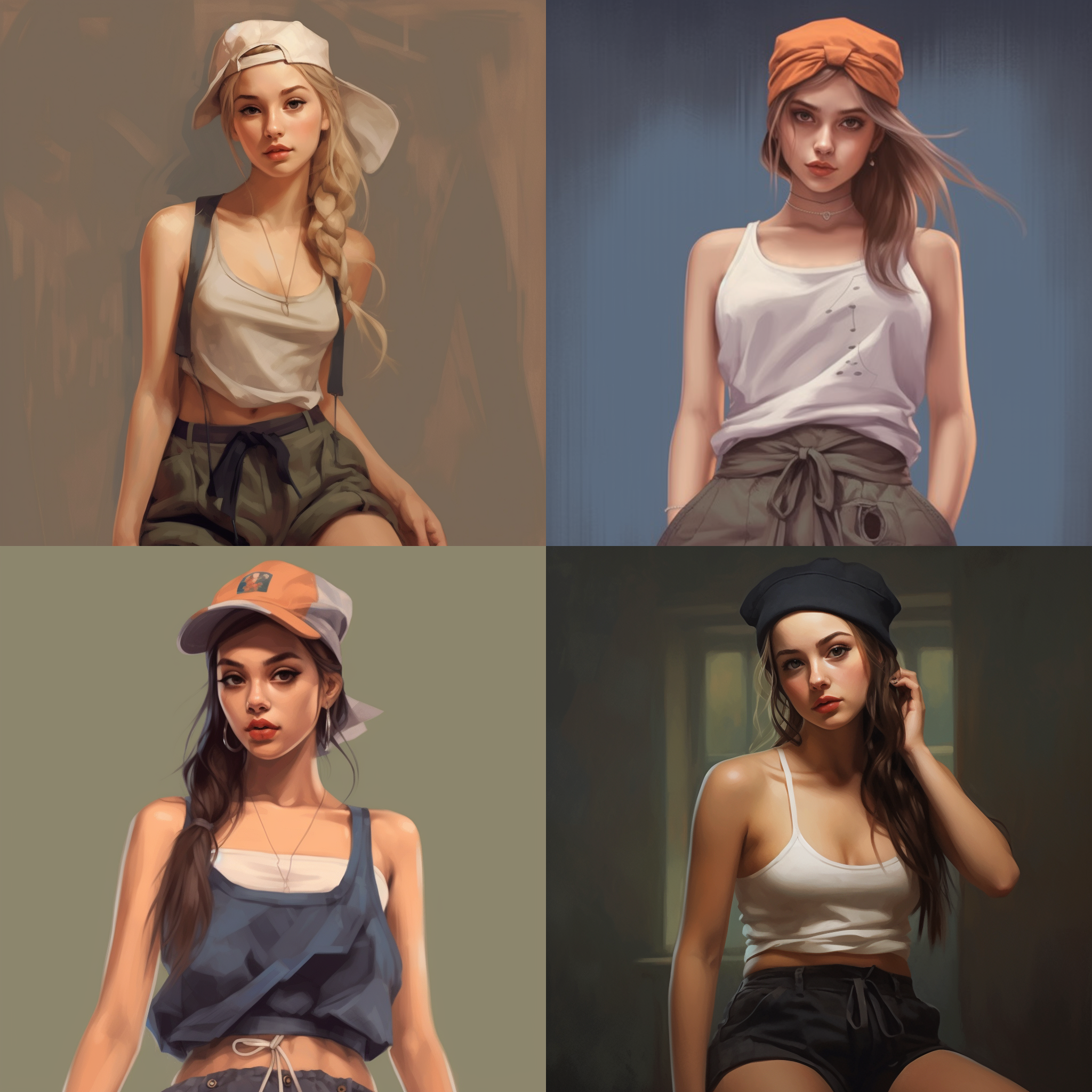 酷女孩，扎马尾，鸭舌帽，短裤，吊带背心