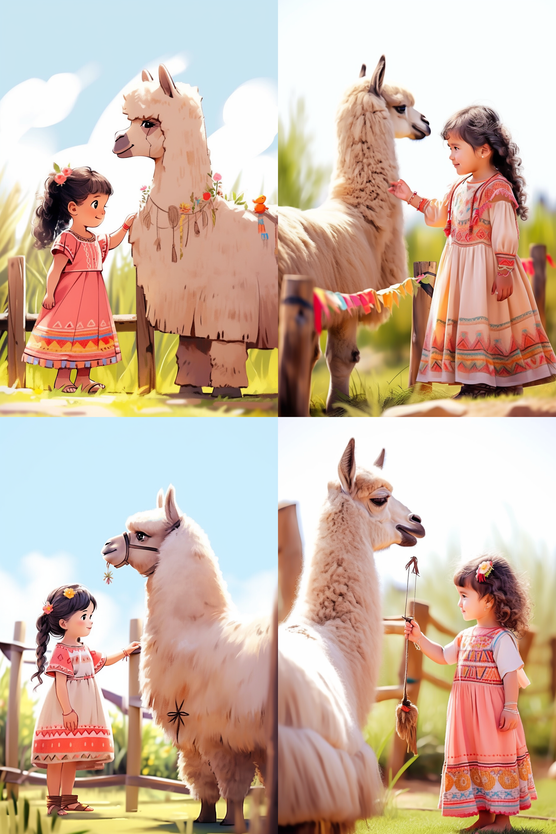 小女孩戴着花环，穿着彩色连衣裙，正笑着给一只可爱的驼喂食。画面呈现卡通风格，明亮而饱满的色彩，背景是广阔的沙漠和蓝天白云。镜头使用了长焦距，突出了小女孩和驼的亲密互动。快门速度适中，捕捉到小女孩手中食物的飞溅状。喜悦，友爱，快乐。