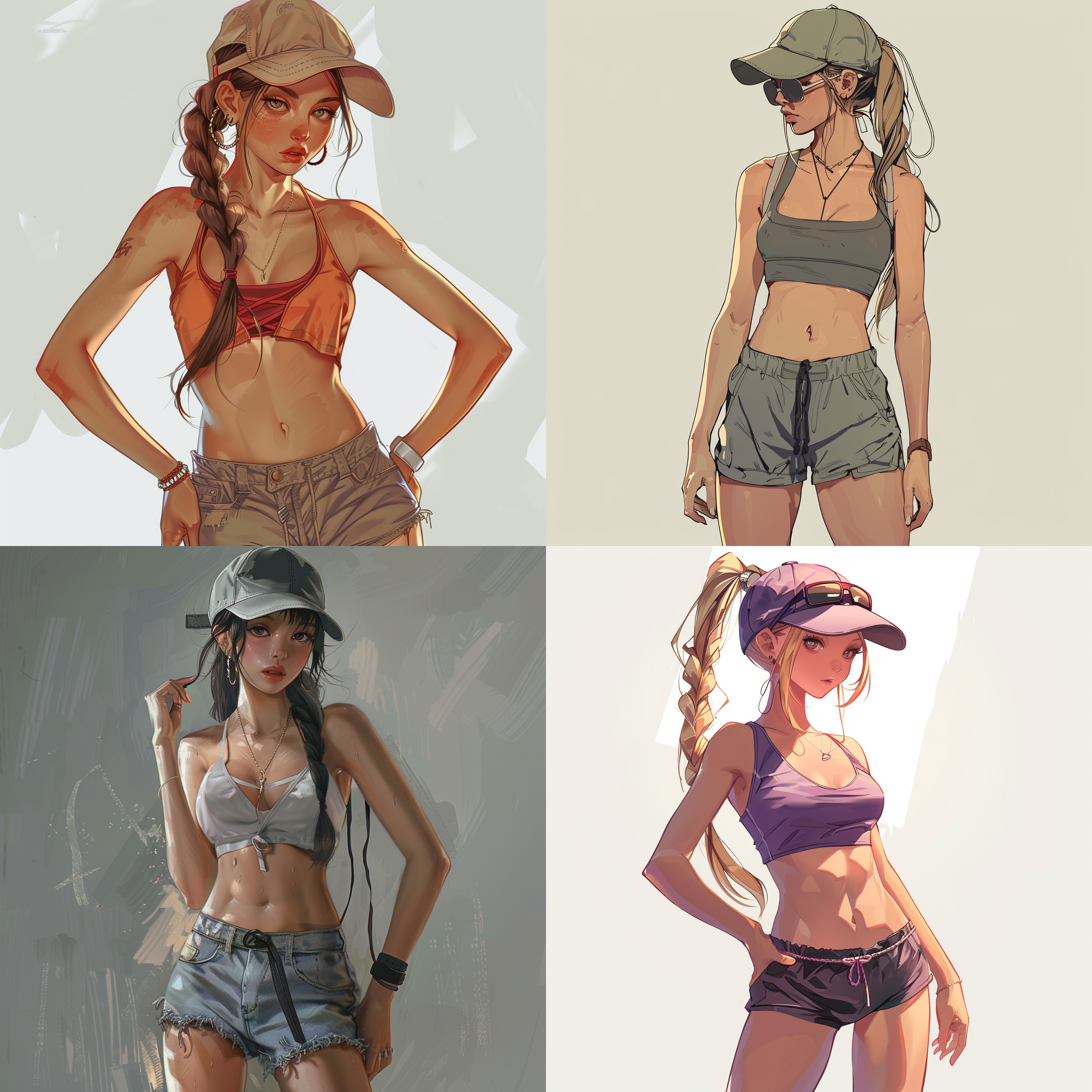 酷女孩，扎马尾，鸭舌帽，短裤，吊带背心