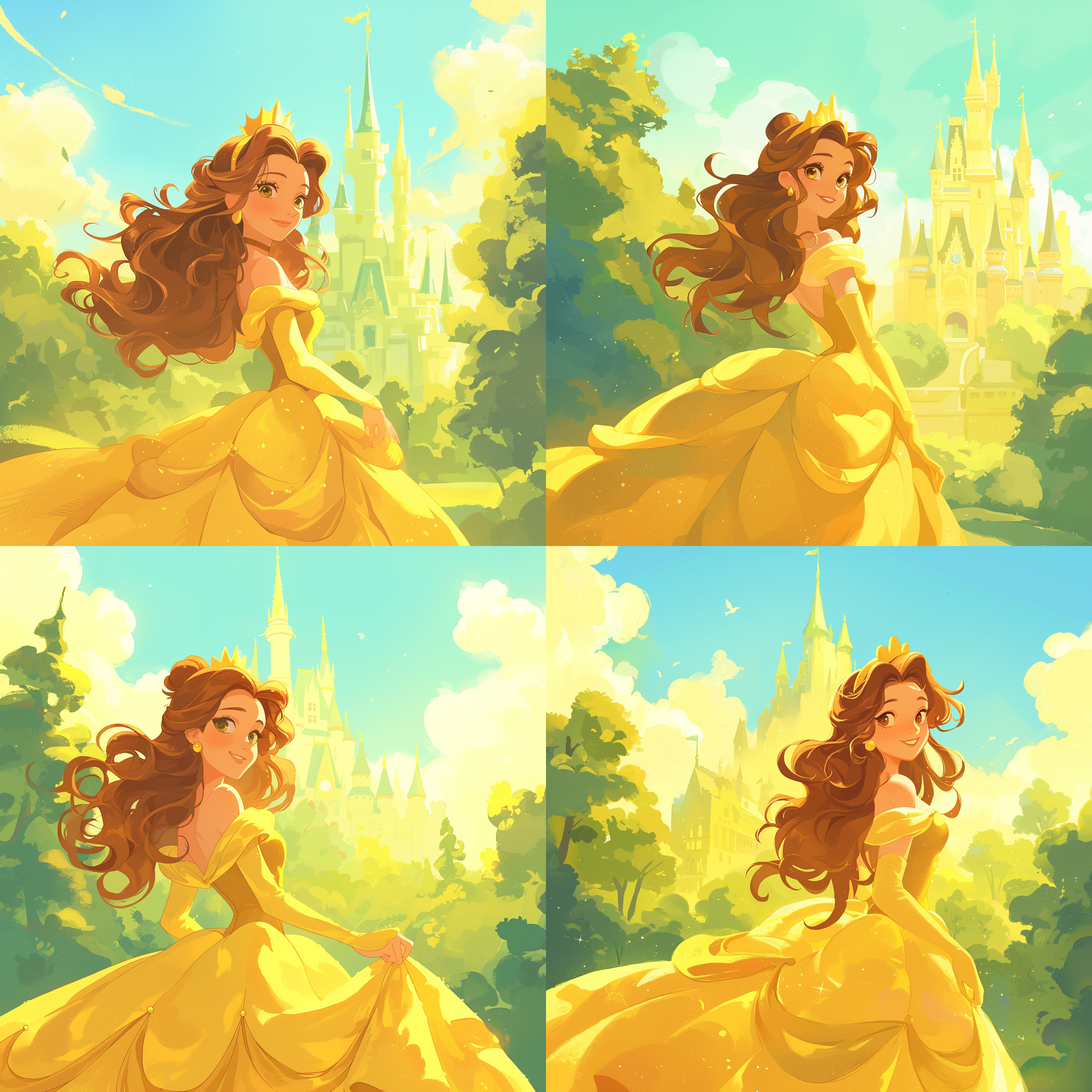 公主站在城堡前微笑，礼服华丽，头戴皇冠，背景绿树蓝天，阳光洒落身上，色彩鲜明，童话氛围，对称布局，扁平画风，半身近景，侧颜，迪士尼公主，温暖快乐，公主转身。