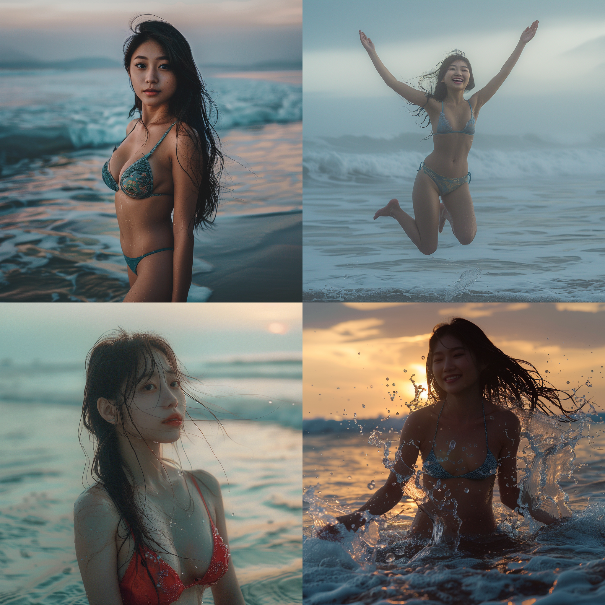 亚裔少女比基尼，海边游泳，沙滩，日出蔚蓝背景，长焦镜头，清晨光线，自然动作，愉悦表情，航拍角度，悬浮摄影，雾化滤镜，海浪细节，和谐色调，宁静。