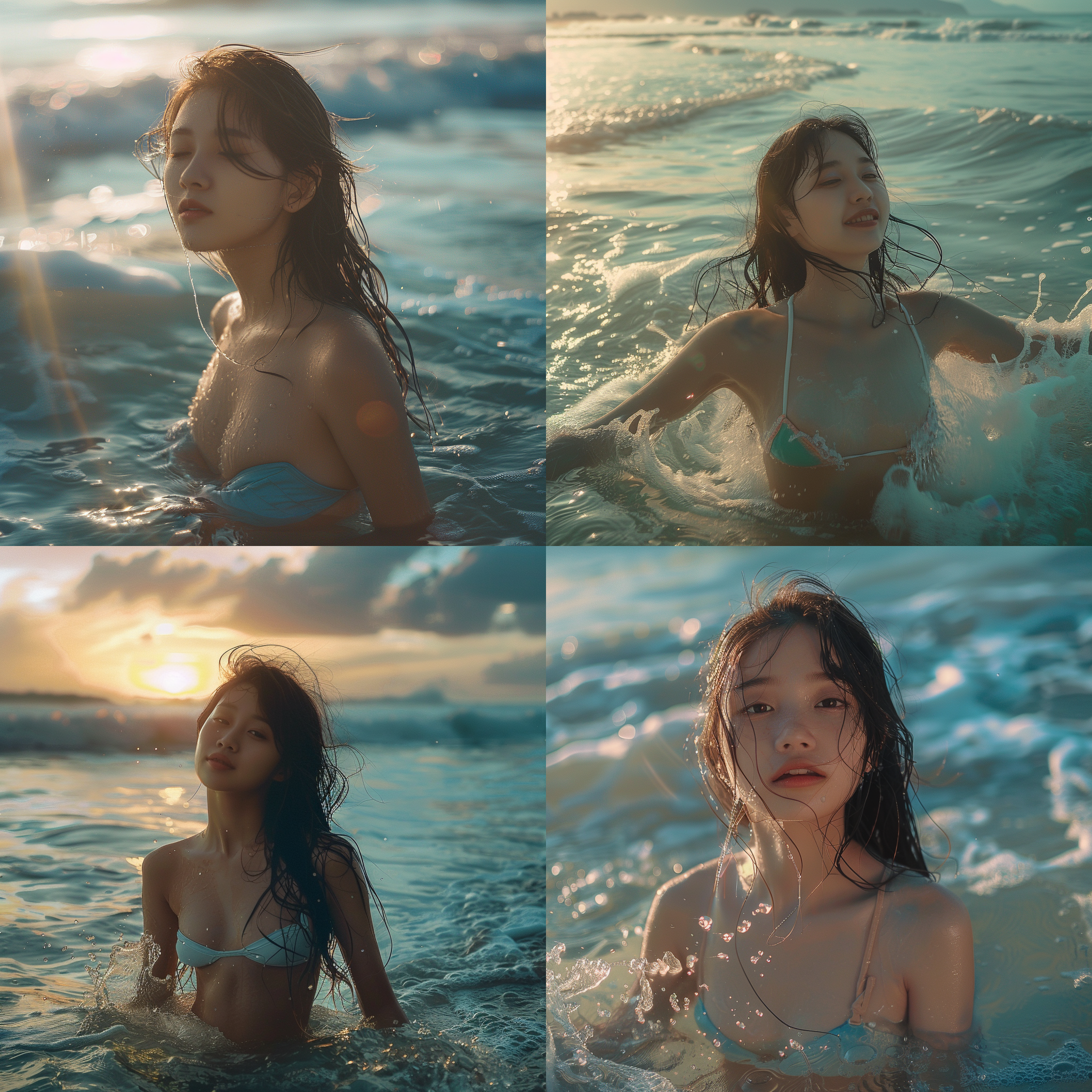 亚裔少女比基尼，海边游泳，沙滩，日出蔚蓝背景，长焦镜头，清晨光线，自然动作，愉悦表情，航拍角度，悬浮摄影，雾化滤镜，海浪细节，和谐色调，宁静。