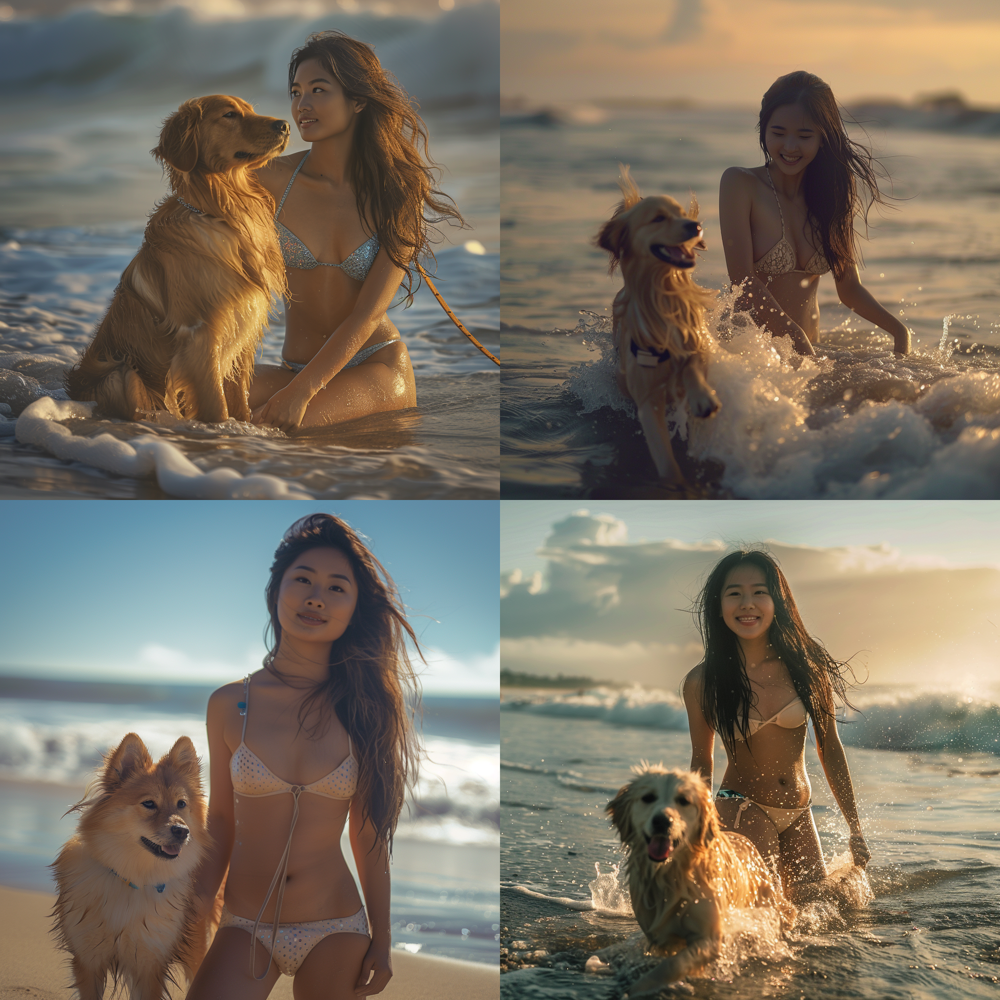 亚裔少女比基尼，海边游泳，沙滩，金毛狗，日出蔚蓝背景，长焦镜头，清晨光线，自然动作，愉悦表情，航拍角度，悬浮摄影，雾化滤镜，海浪细节，和谐色调，宁静。
