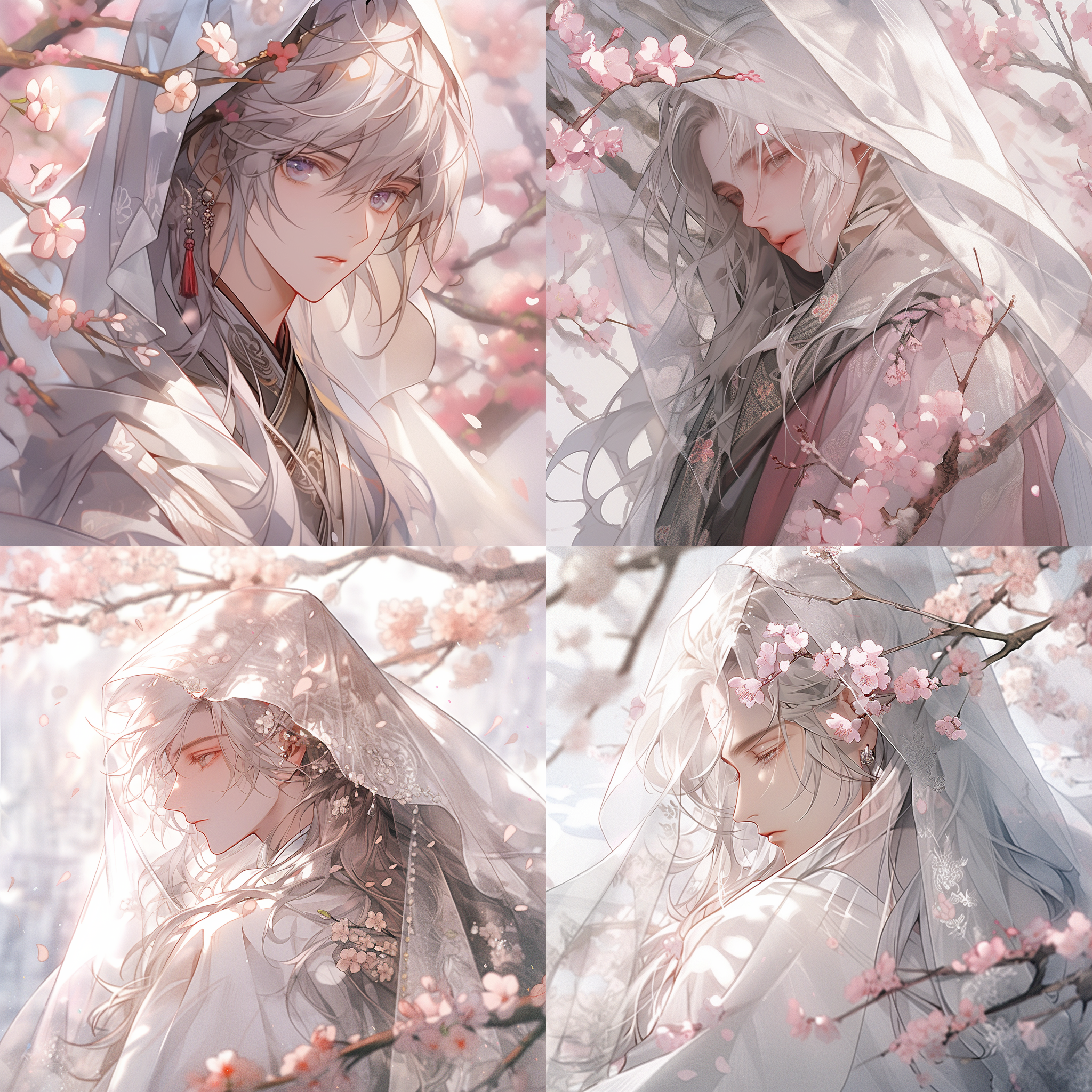樱花山谷中一位16岁灰粉色长发少年,特写半身像,中式粉与灰绿色,层层叠叠的纱幔汉服,气流,半透明纱幔,精致刺绣,俯视,空灵奇幻背景,粉白色樱花,由下向上的光,体积光,32k