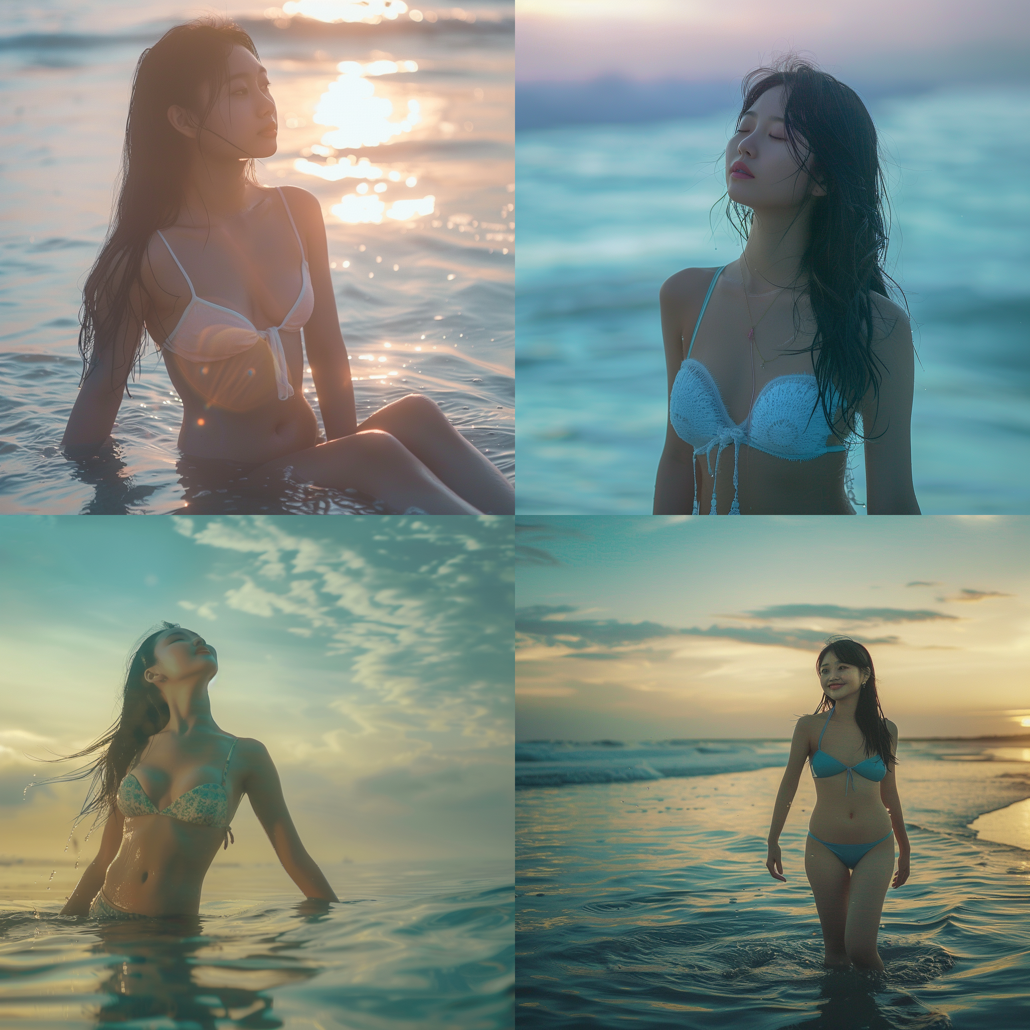 亚裔少女比基尼，海边游泳，沙滩，日出蔚蓝背景，长焦镜头，清晨光线，自然动作，愉悦表情，航拍角度，悬浮摄影，雾化滤镜，海浪细节，和谐色调，宁静。
