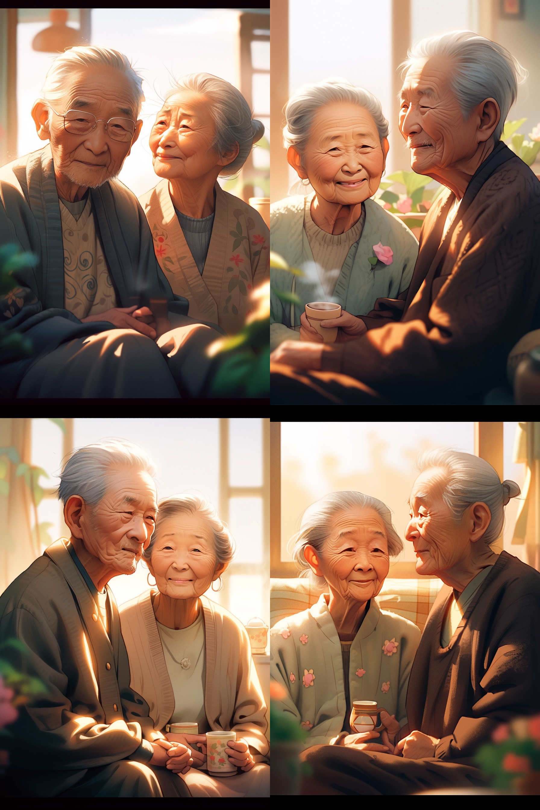 老夫妻在家，温馨坐沙发，中间构图，柔和光线，温暖色调，标准镜头，静态，亲密对视，幸福笑容，家庭团聚，感动。