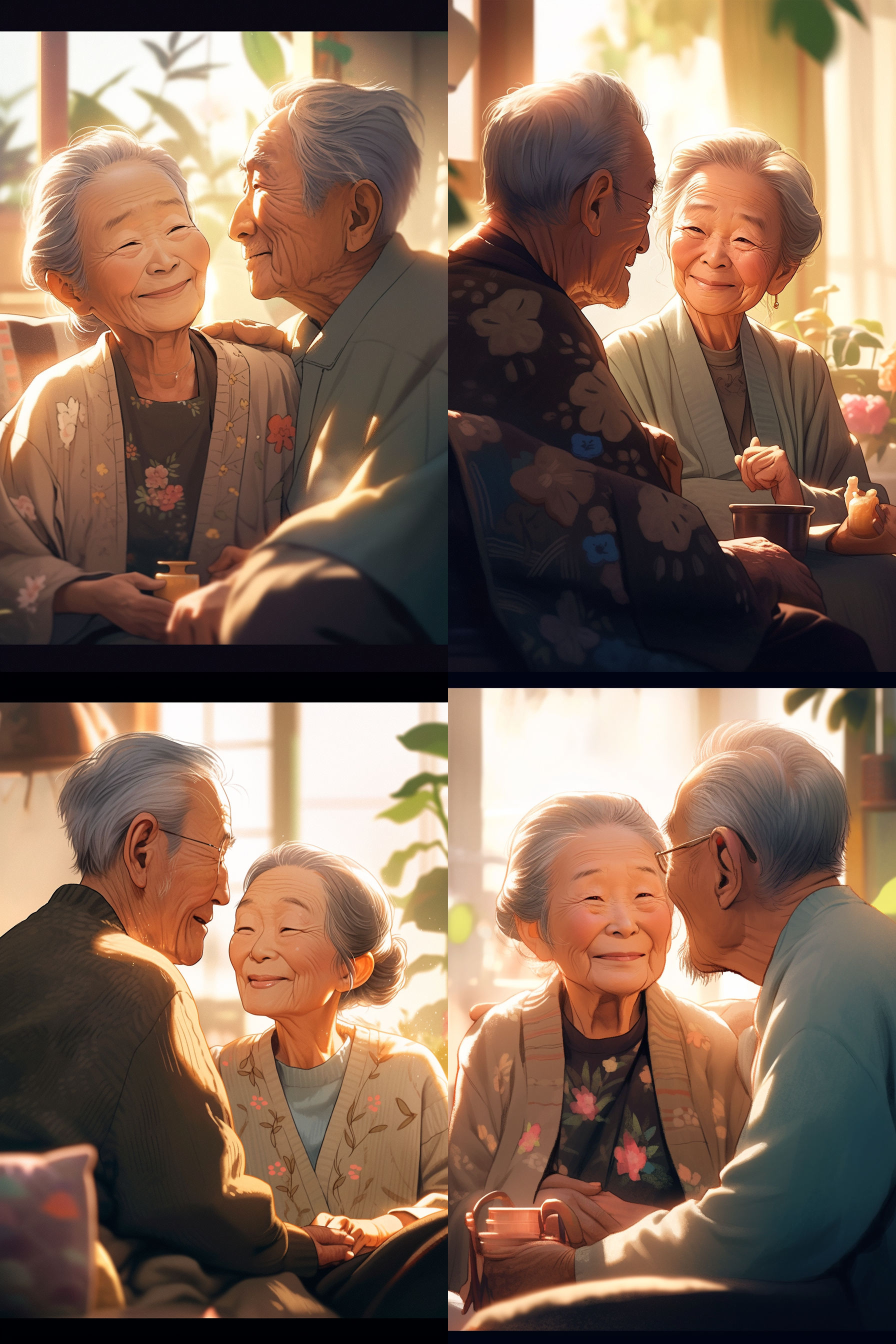 老夫妻在家，温馨坐沙发，中间构图，柔和光线，温暖色调，标准镜头，静态，亲密对视，幸福笑容，家庭团聚，感动。