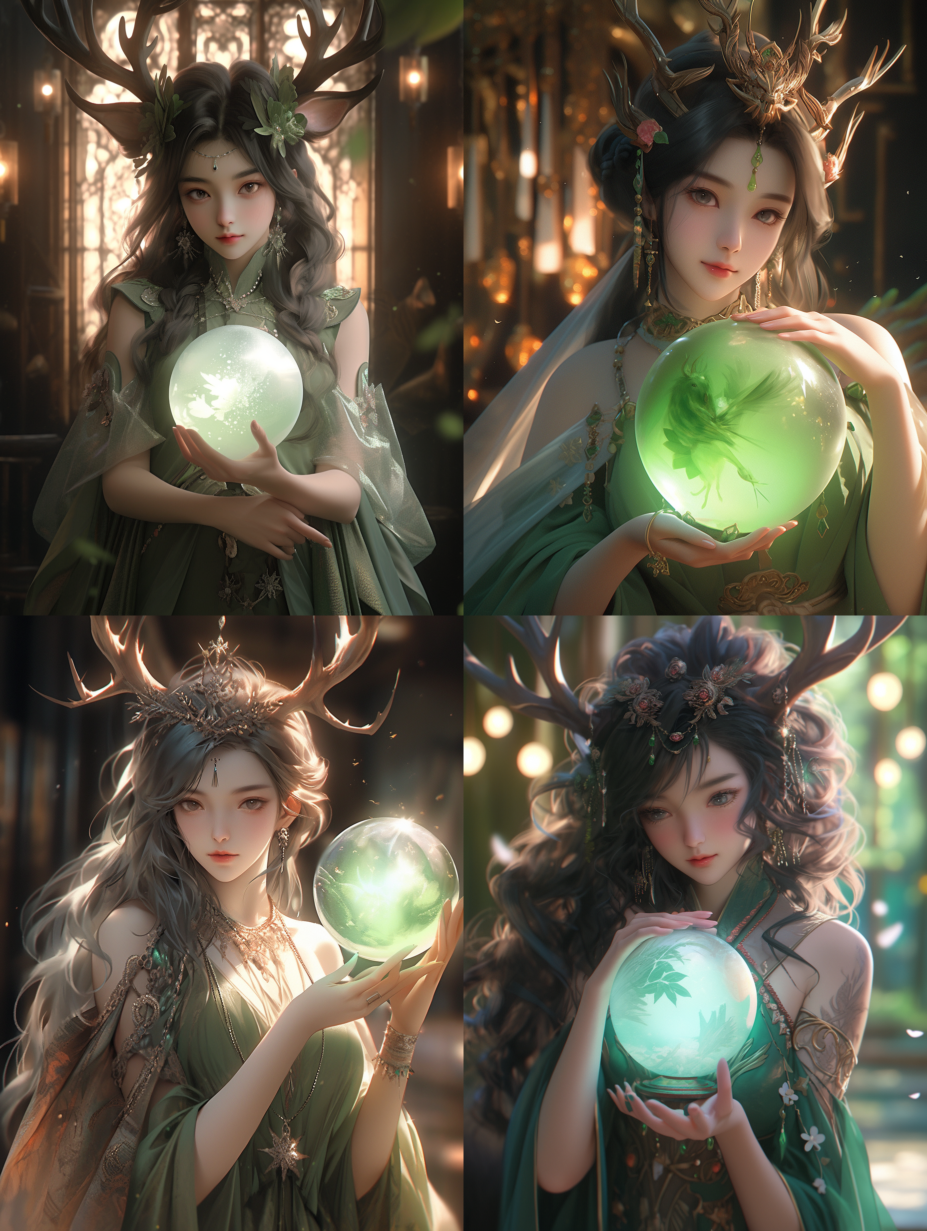 一个美丽亚洲的女人，仙女女王，鹿角，桃花眼，额头翡翠魔法，丝绸吊带裙，绿色连衣裙，手持魔球，召唤精灵，逼真的图像，3d数字艺术，工作室灯光，高细节，高清晰度，8k，