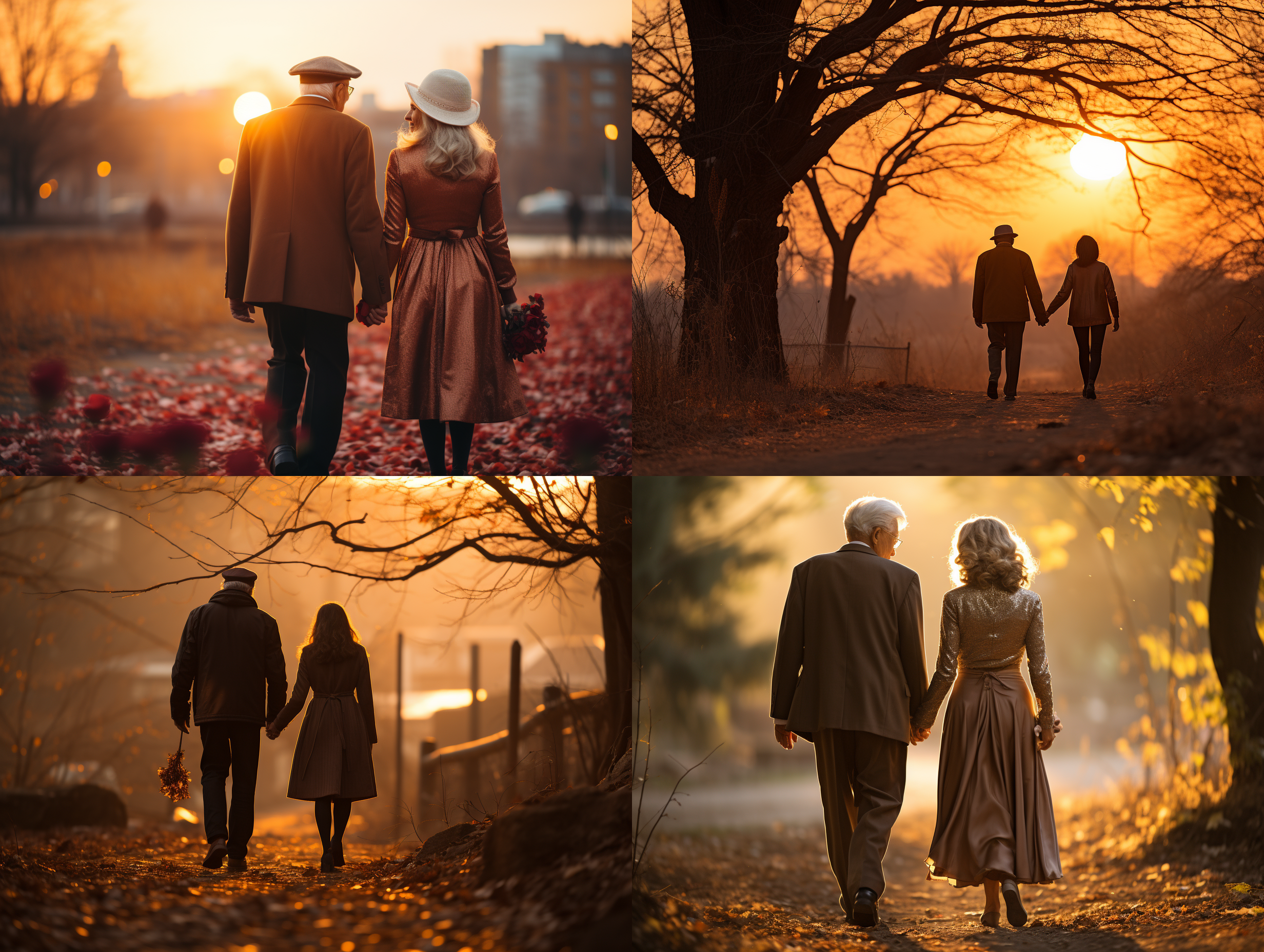 夕阳下，老年夫妇携手，公园里，长焦距，侧逆光，光线柔和，亲昵，温馨，金色调，背影。