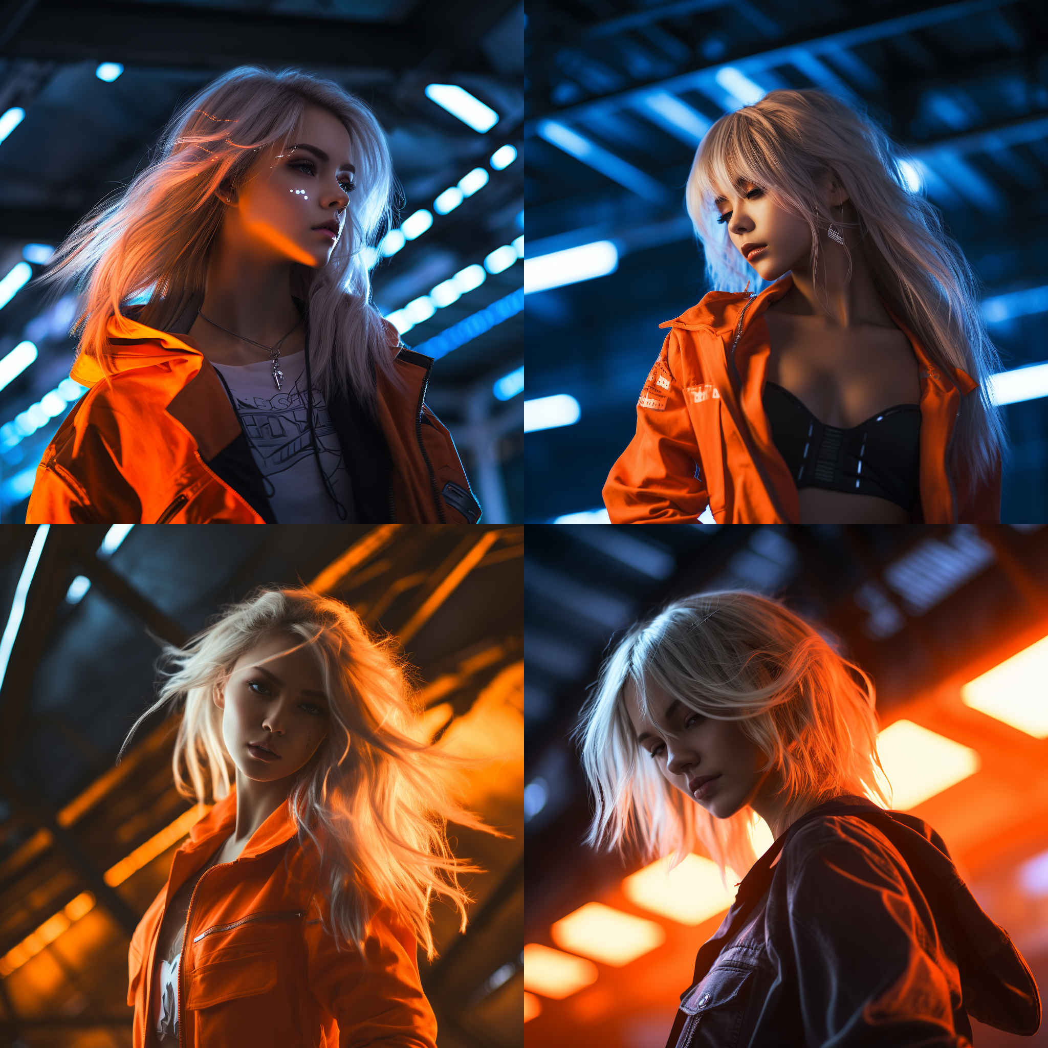 赛博朋克风格，一女孩独自站在荧光灯照亮的背景前，白发飘逸，身着橘色服装。杰作级高质量的照片展现了戏剧般的光影效果，细节丰富的环境反射在她的上半身，阳光投射出非常长的阴影。她凌乱的头发和诱人的轮廓营造出暗调照片的电影般的照明效果。背景采用抽象的泰安达尔效应，充满活力的色彩与现代风格相得益彰。