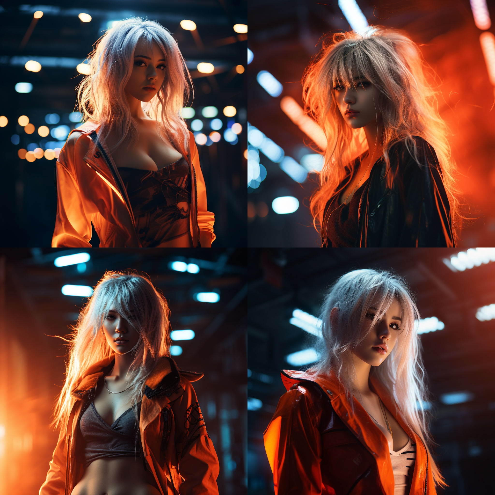 赛博朋克风格，一女孩独自站在荧光灯照亮的背景前，白发飘逸，身着橘色服装。杰作级高质量的照片展现了戏剧般的光影效果，细节丰富的环境反射在她的上半身，阳光投射出非常长的阴影。她凌乱的头发和诱人的轮廓营造出暗调照片的电影般的照明效果。背景采用抽象的泰安达尔效应，充满活力的色彩与现代风格相得益彰。