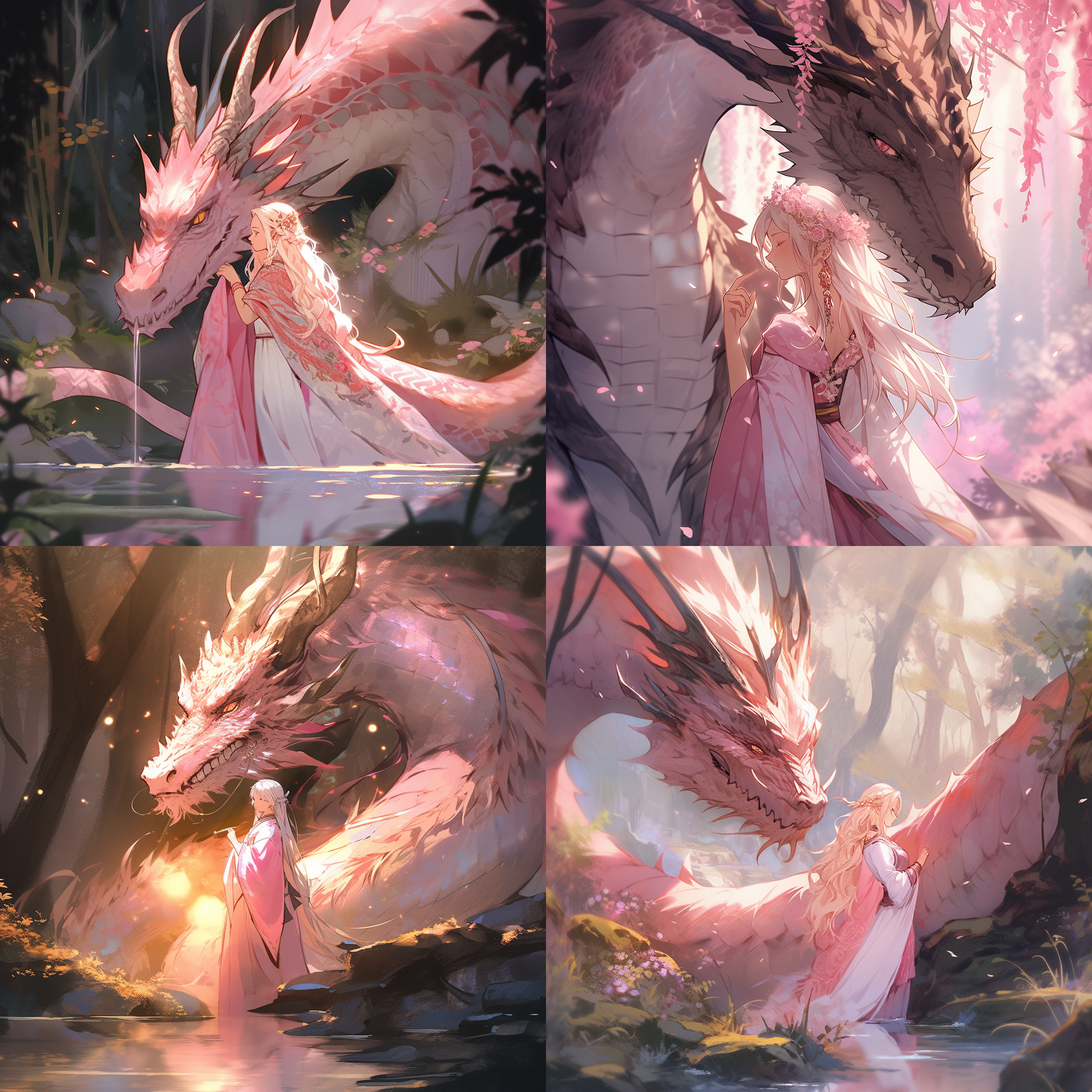 古代女子与粉色神龙，唯美互动，古朴布局，神秘森林，柔和光线，长焦镜头，温暖色调，亲昵表情，飘逸长裙，神秘氛围，温馨情感。