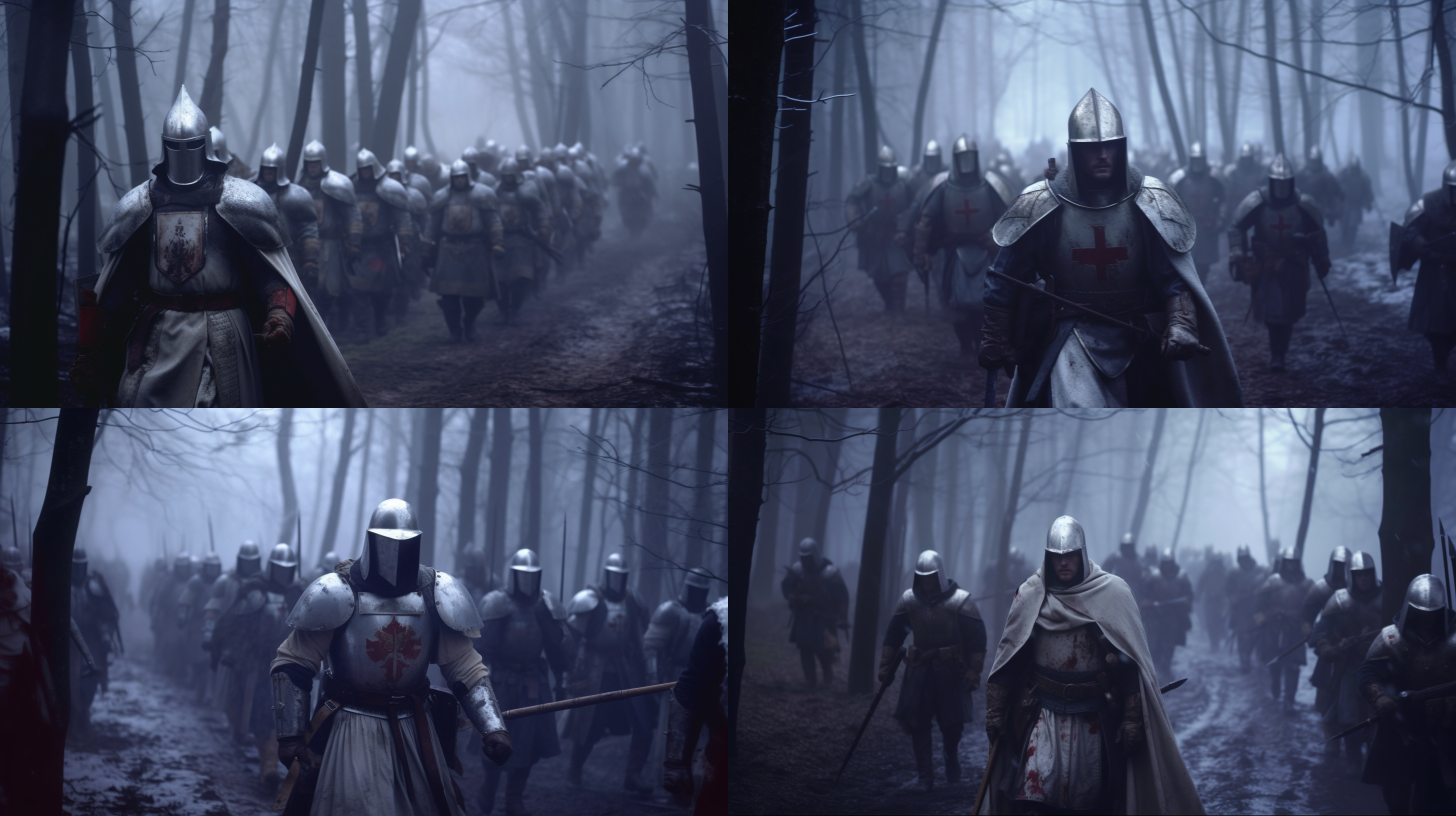 士兵行走在雪地上，身穿厚重的盔甲。照片呈现大景深，冷色调突出寒冷氛围。使用长焦镜头，突出士兵的身影。侧光从一侧照射，增强沉重步伐的立体感。士兵表情疲惫，透露出他们艰难的旅程。穿盔甲士兵，雪地行走，大景深，冷色调，长焦镜头，侧光，沉重步伐，疲惫表情。