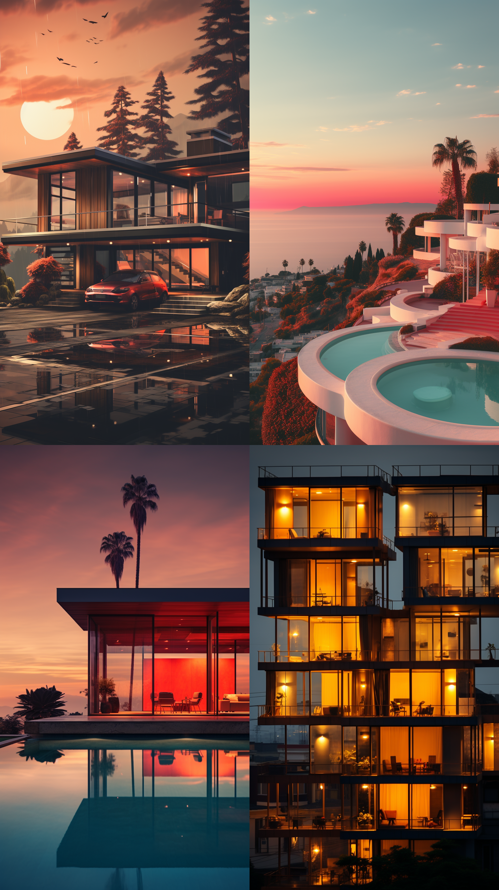 现代化建筑，轻松惬意，生活化，远景，温暖色调，长焦镜头，休闲感，户外环境，阳光照射，自然动作，放松，愉悦。 照片写实 黄昏