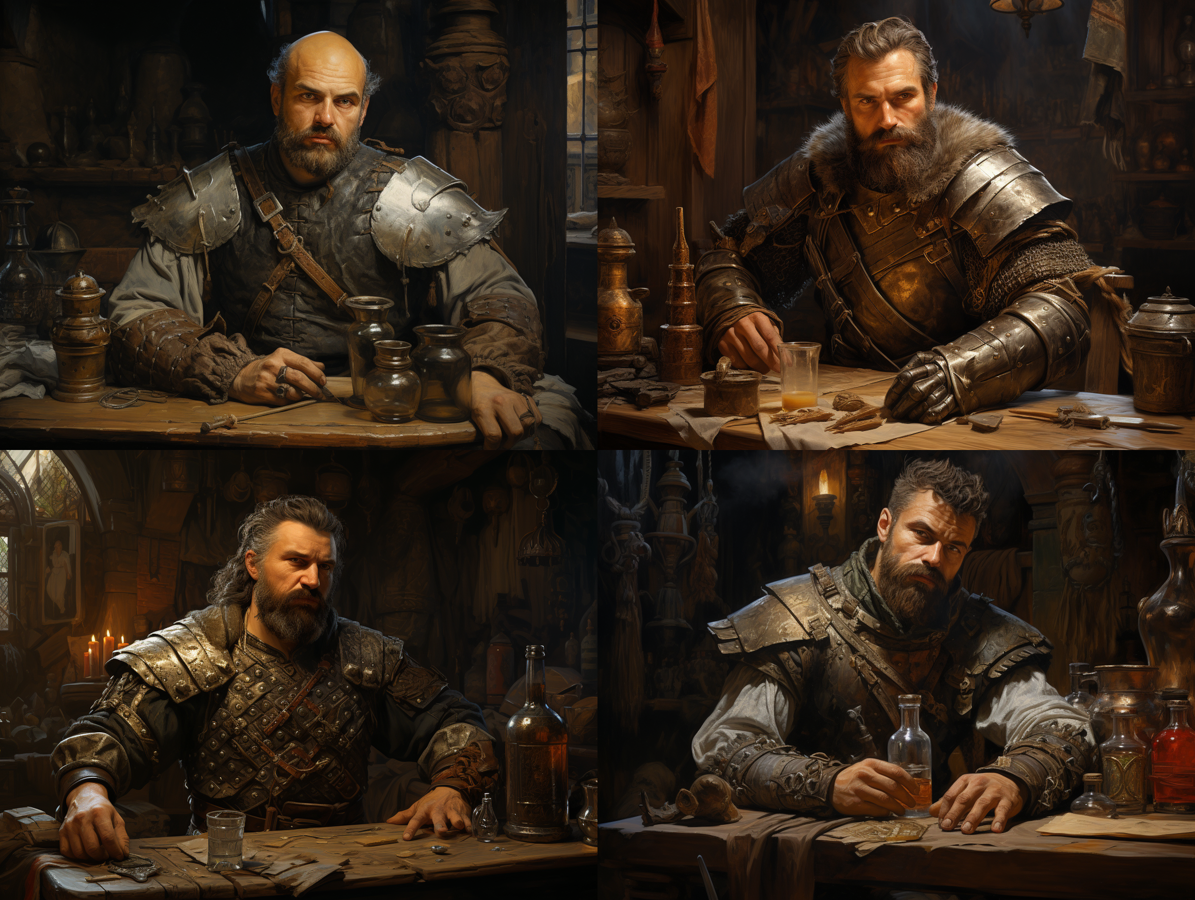 半身像，中年男性，欧美人，络腮胡，身穿重铠甲，中景，在小酒馆里，桌上有信函，鹅毛笔，墨水，木质啤酒杯，高写实风格，高细节，