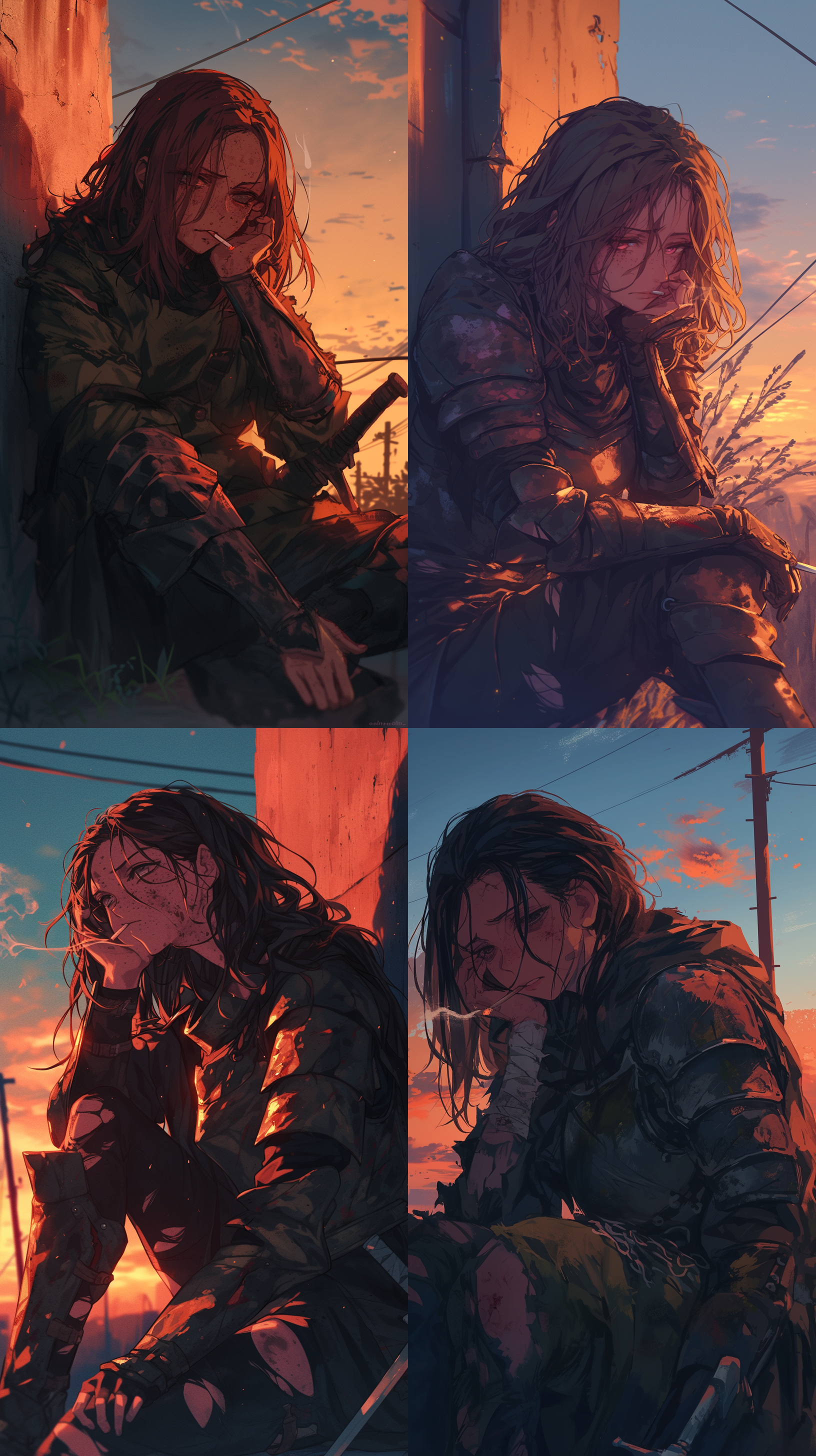 雀斑女骑士抽着烟，眼神涣散，坐姿随意，盔甲破烂，伤痕累累，脸上有伤痕，靠着墙壁，黄昏，长焦镜头，忧伤，日本动漫画风，4k画质