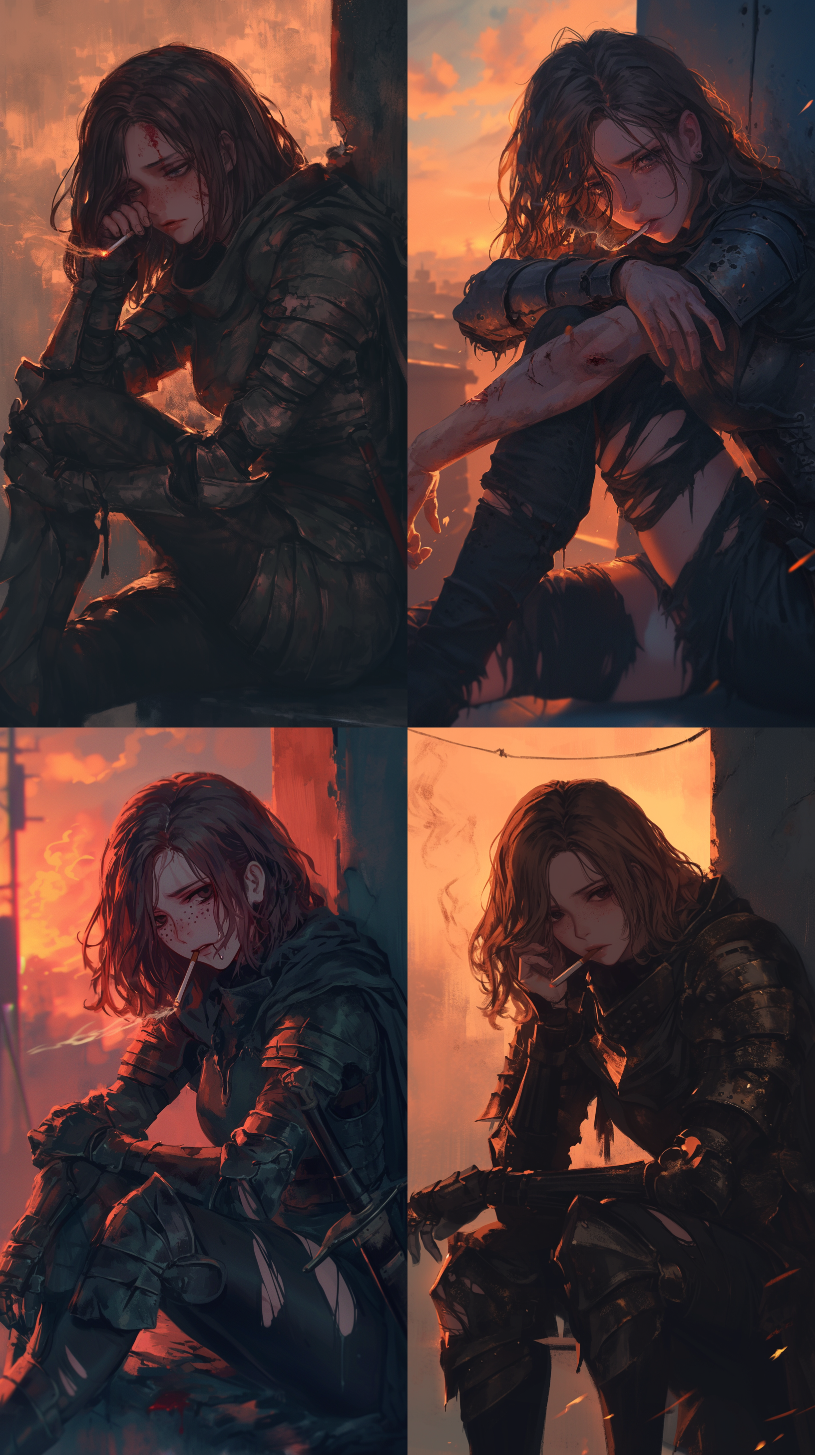 雀斑女骑士抽着烟，眼神涣散，坐姿随意，盔甲破烂，伤痕累累，脸上有伤痕，靠着墙壁，黄昏，长焦镜头，忧伤，日本动漫画风，4k画质