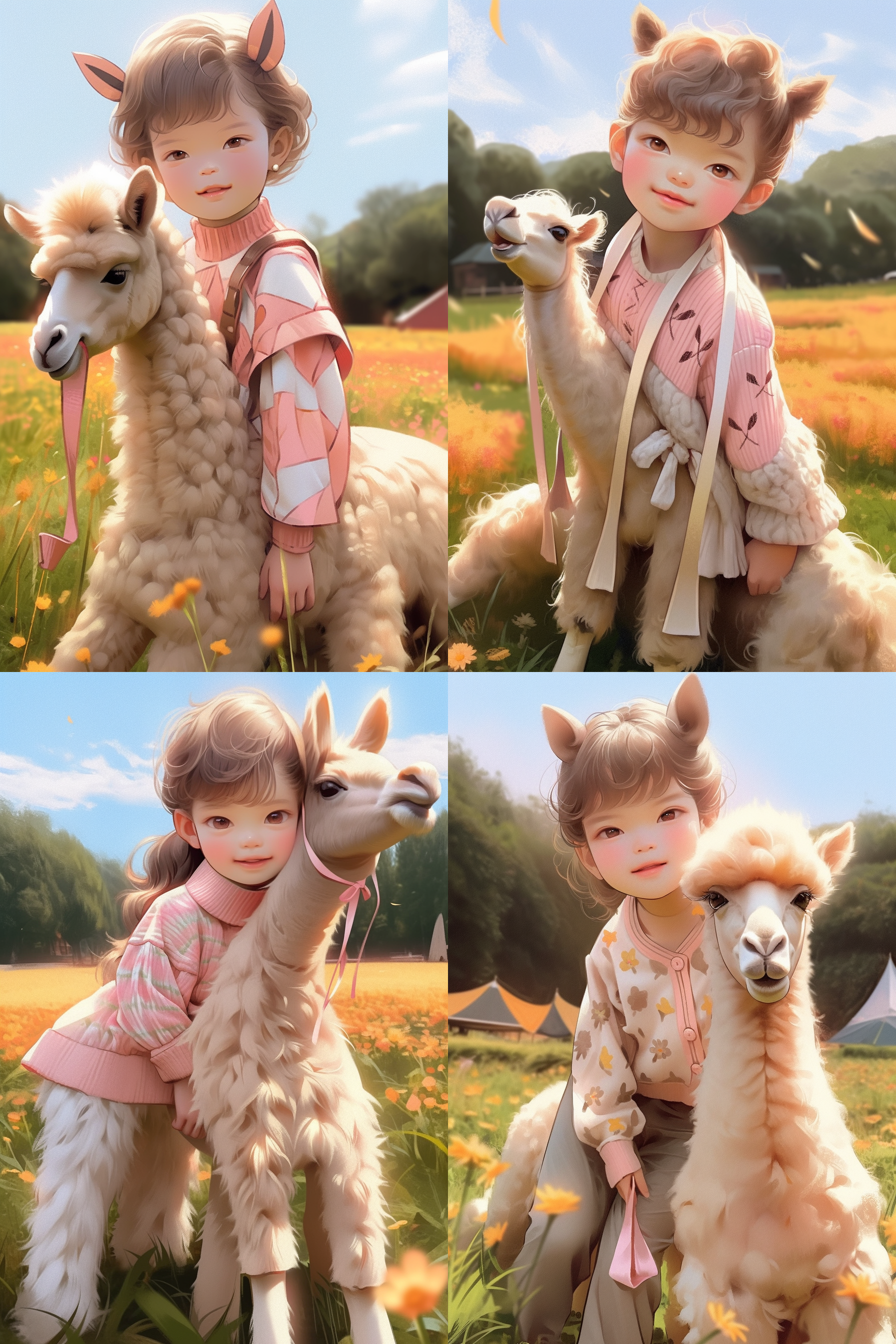 女宝宝与羊驼，阳光明媚，大自然中，远处山脉，温暖色调，柔和光线，笑容可爱，宝宝穿粉色裙子，羊驼毛茸茸，镜头特写，亲密互动，快门速度适中，温馨幸福。