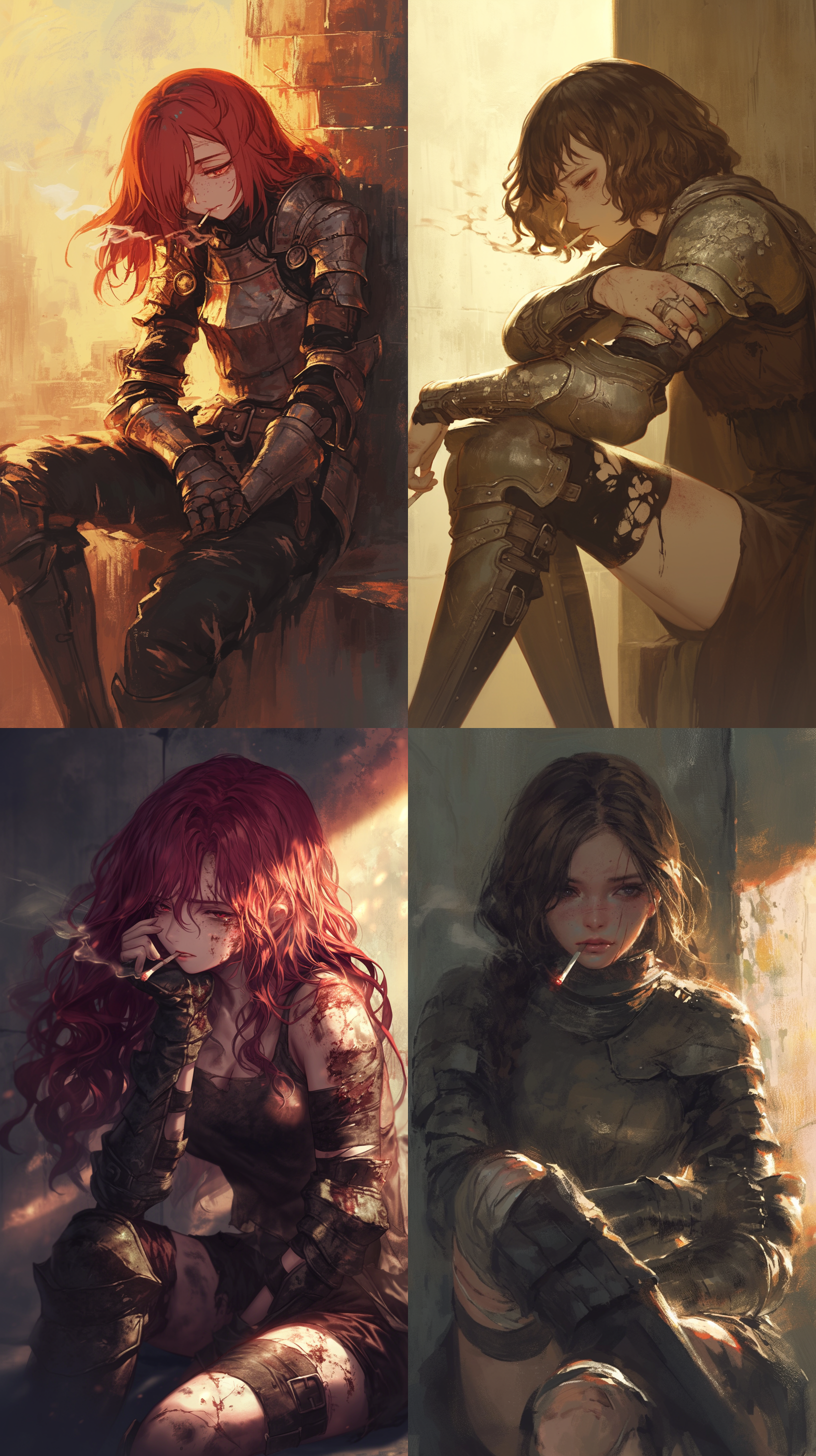 雀斑女骑士抽着烟，眼神涣散，坐姿随意，盔甲破烂，伤痕累累，脸上有伤痕，靠着墙壁，黄昏，长焦镜头，忧伤，日本动漫画风，4k画质