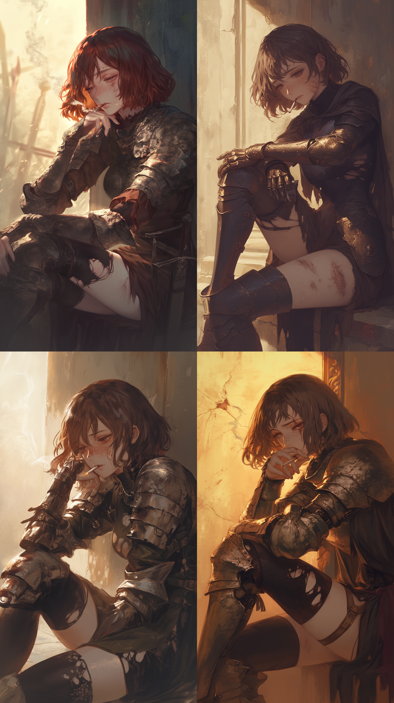 雀斑女骑士抽着烟，眼神涣散，坐姿随意，盔甲破烂，伤痕累累，脸上有伤痕，靠着墙壁，黄昏，长焦镜头，忧伤，日本动漫画风，4k画质