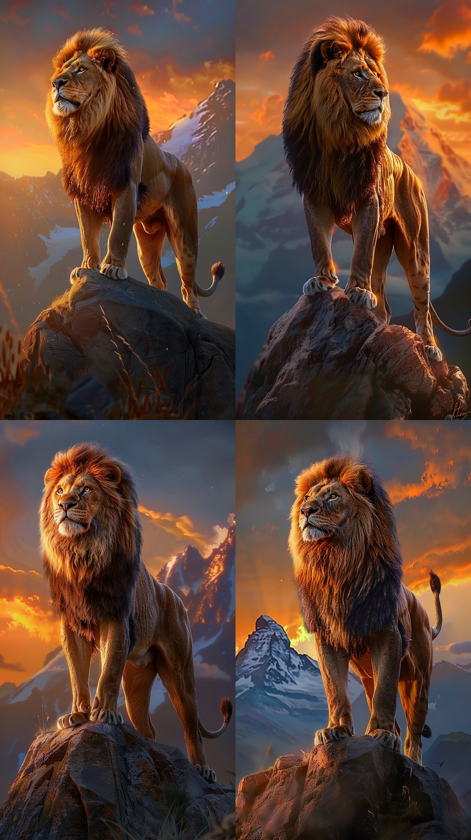 雄狮屹立山顶，王者之气。明亮犀利眼神，透露无畏勇气和坚定信念。流畅侧身线条，紧实肌肉，展示强大力量。狮尾摇曳余晖，威风凛凛。山顶背景，金色光线，长焦镜头，高速快门，自信姿态，强烈对比，雄壮氛围。 雄狮, 山顶, 王者之气, 明亮眼神, 无畏勇气, 流畅线条, 强大力量, 狮尾摇曳, 余晖, 金色光线, 长焦镜头, 高速快门, 自信姿态, 强烈对比, 雄壮氛围.