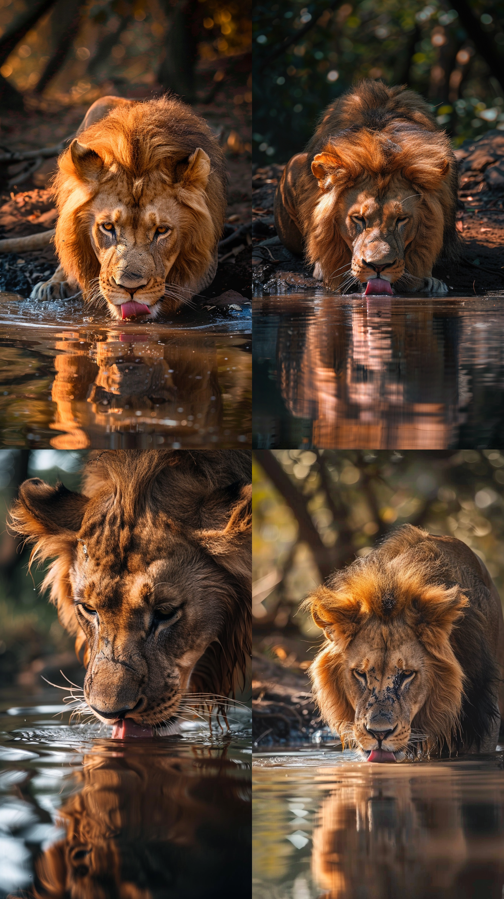 雄狮在河边喝水，阳光照耀下的景色。照片呈现出雄狮威武而庄重的形象，它口渴地舔着干燥的嘴唇，眼神中闪烁着贪婪的光芒。雄狮小心翼翼地踏入清澈的河水，感受到水流滋润喉咙的愉悦。它闭上眼睛，享受着清凉和宁静的时刻。雄狮离开时，充满力量和活力，准备面对新的挑战。狮王口渴了，壮丽，阳光，河边，舔嘴唇，贪婪，清凉，宁静，力量，活力。