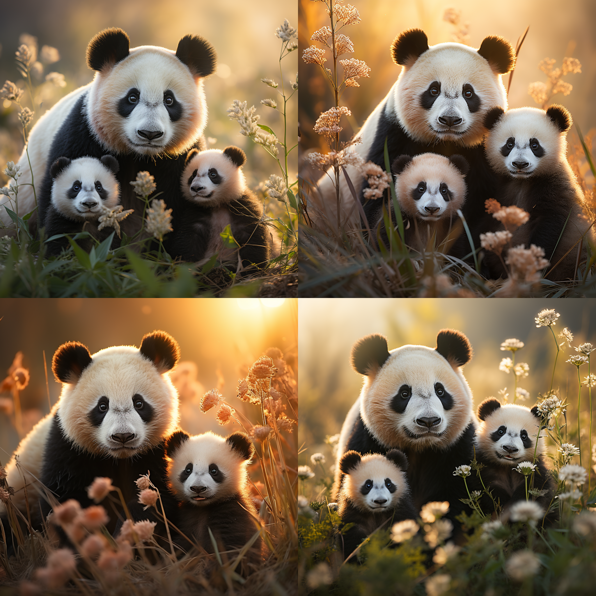 熊猫一家，草地上，清晨，日出，母熊猫拥抱幼崽，温柔表情，绿色环境，长焦镜头，柔光，亲密互动，可爱。