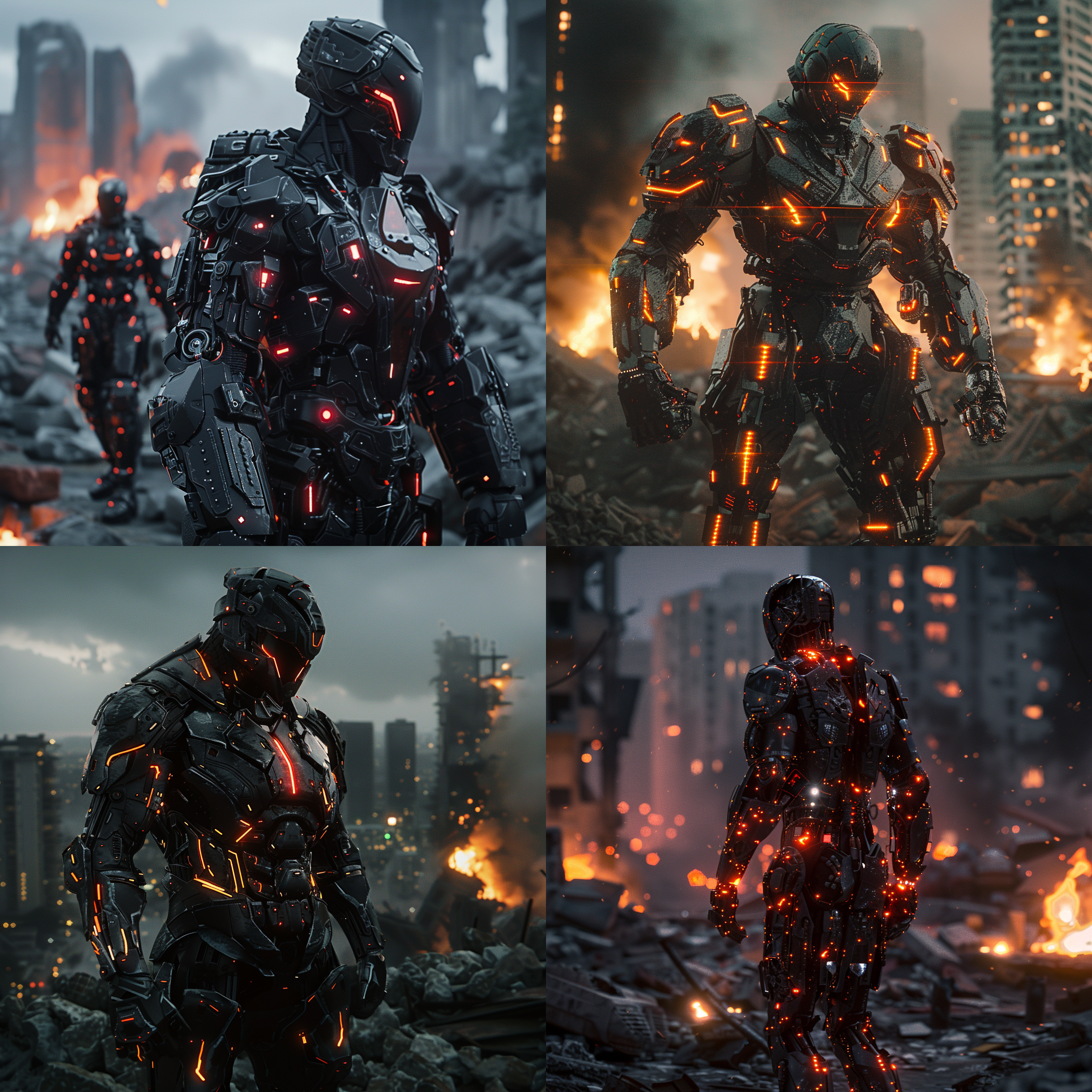 穿戴着高科技战甲的勇士，站在废墟上，背景是燃烧的城市。全身镶嵌着led灯光，透露出未来主义风格。机械臂装置展现出强大力量。暗色调，闪光灯，特写镜头，侧光，肌肉紧绷，英雄气概。