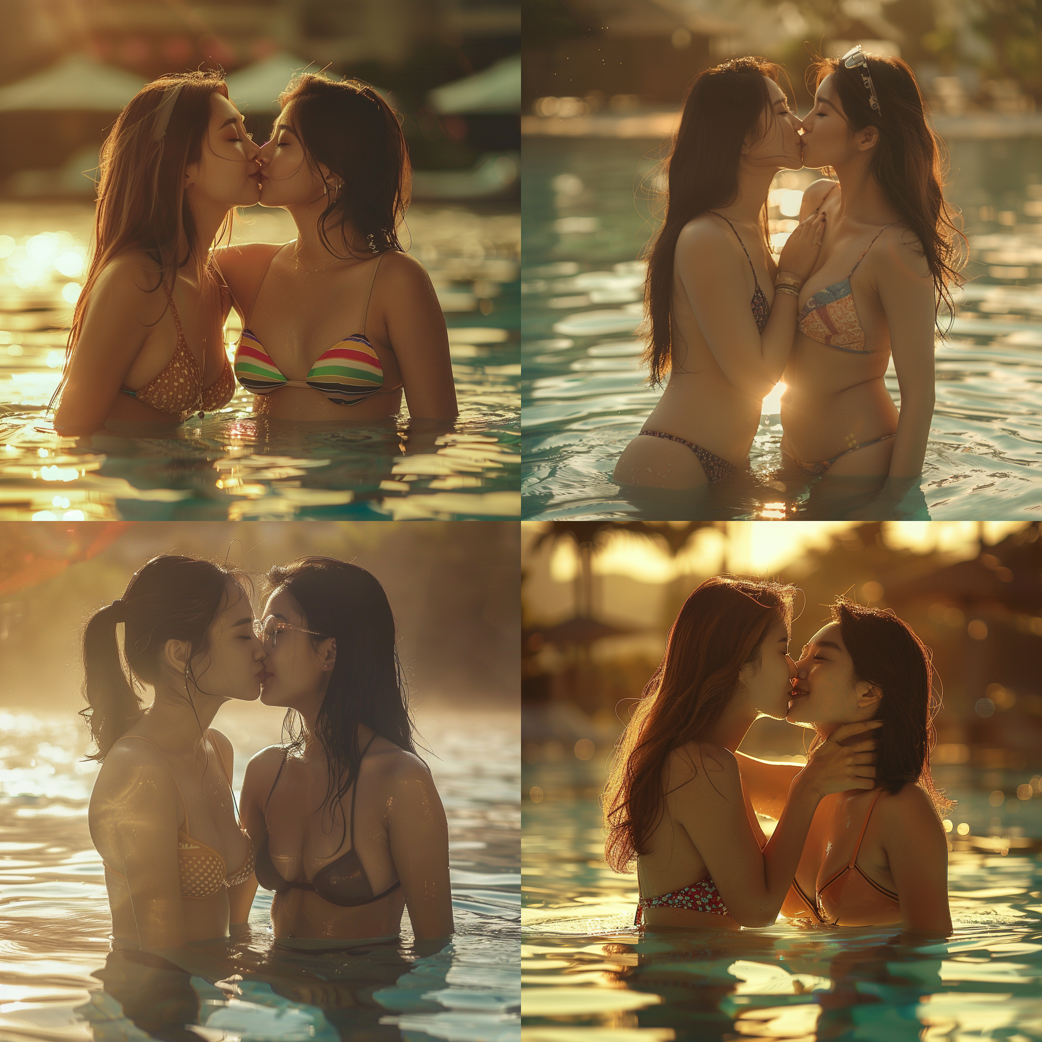 两个美女拥吻，泳池中，长焦镜头，阳光漂亮，金色光线，动作流畅，肌肉线条，亚裔，暖色调，比基尼，抚摸，唯美。