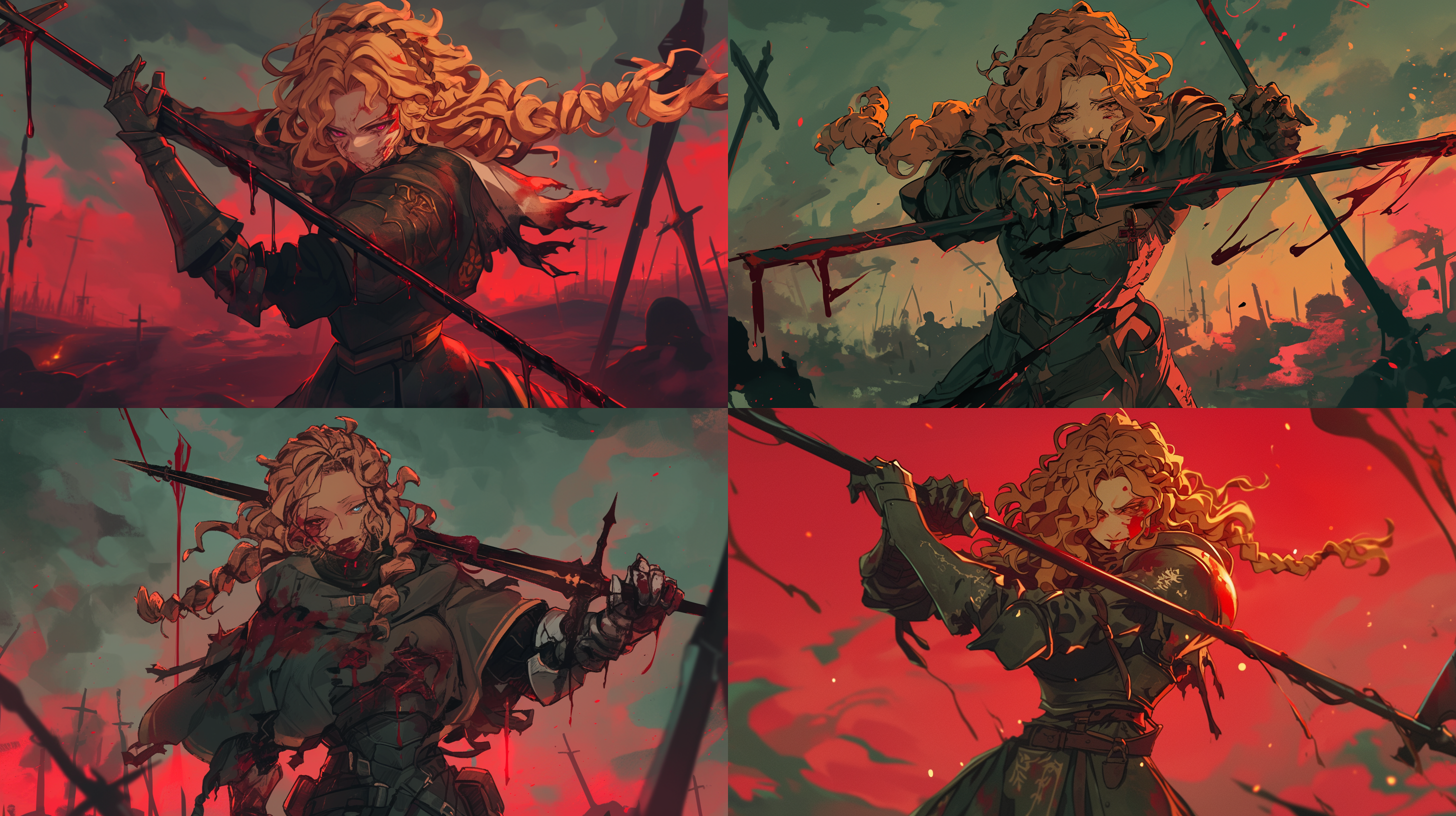 身金色卷发辫的战斗修女，手持长矛，身上穿着带暗红色液体的破烂盔甲，身体伤痕累累，长矛上有暗红色液体，人物全身，战场废墟背景，冷色调