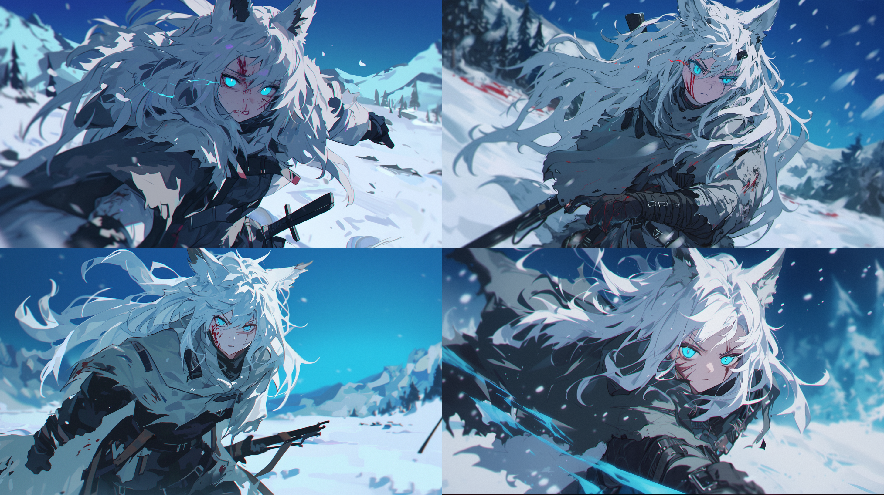 耳朵尖有一撮黑毛的白发狼耳少女，表情凶狠，身上衣物破烂，身体受伤，脸上多道伤痕，灰色披风，蓝竖瞳，人物全身，动态姿势，雪地背景，夜晚，冷色调