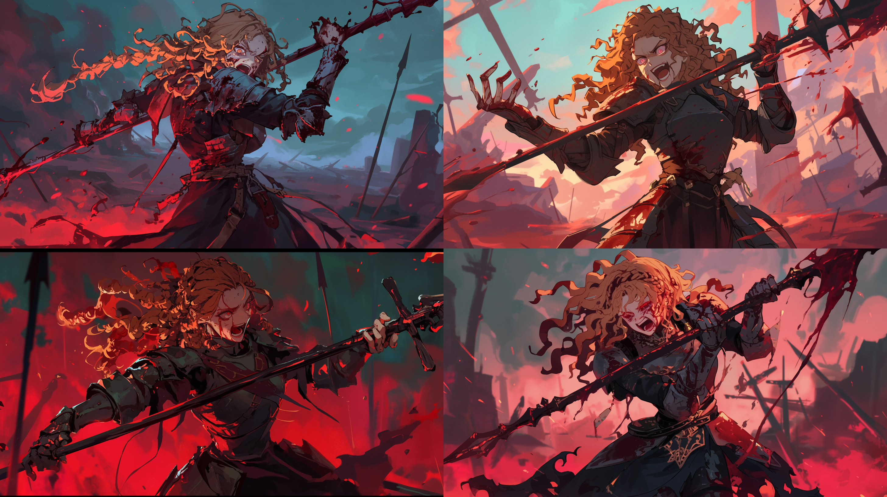 身金色卷发辫的战斗修女，手持长矛，身上穿着带暗红色液体的破烂盔甲，身体伤痕累累，长矛上有暗红色液体，脸上露出病娇兴奋的表情，人物全身，战场废墟背景，冷色调