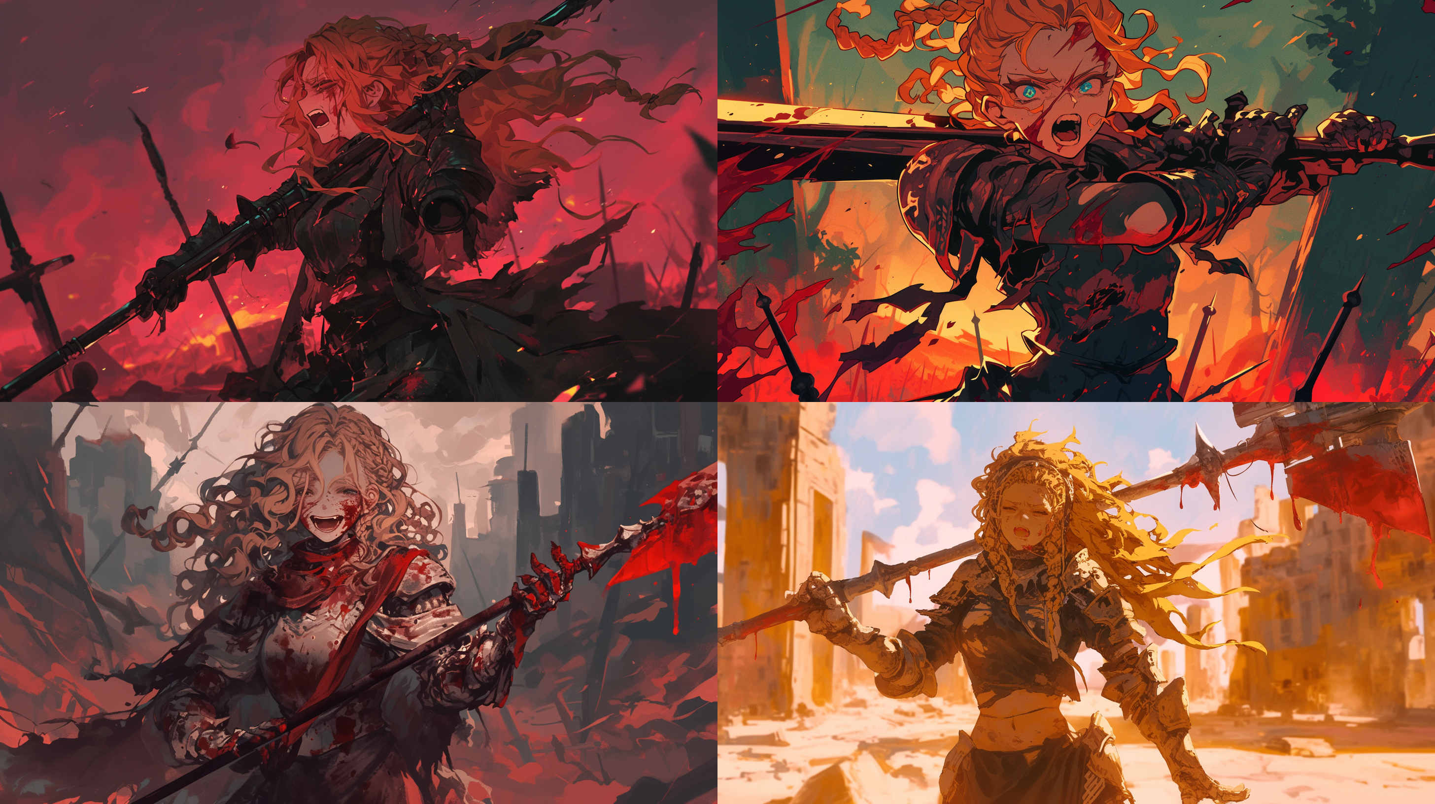 身金色卷发辫的战斗修女，手持长矛，身上穿着带暗红色液体的破烂盔甲，身体伤痕累累，长矛上有暗红色液体，脸上露出病娇兴奋的表情，人物全身，战场废墟背景，冷色调