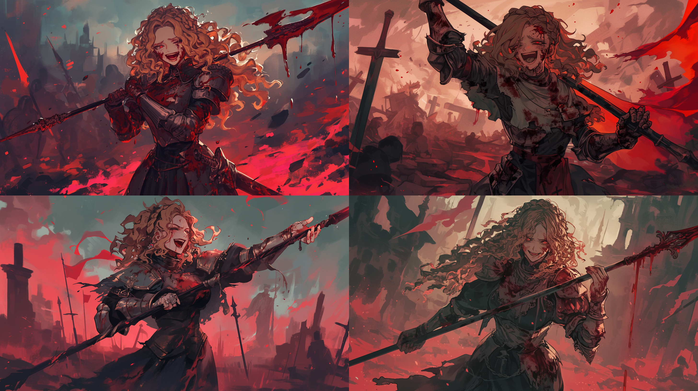 身金色卷发辫的战斗修女，手持长矛，身上穿着带暗红色液体的破烂盔甲，身体伤痕累累，长矛上有暗红色液体，脸上露出病娇兴奋的表情，人物全身，战场废墟背景，冷色调