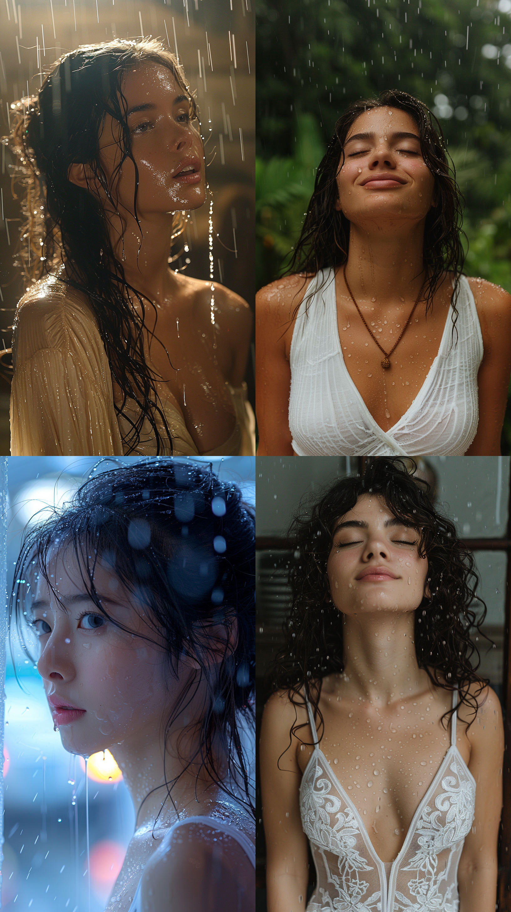 美女被雨淋，独自站在雨中，身穿白色连衣裙，微闭双眼，微笑，雨滴在她身上跳跃。细雨纷飞，柔和光线，中景构图，冷色调，肖像模式，细节表现，清晰焦点，宁静，优雅。