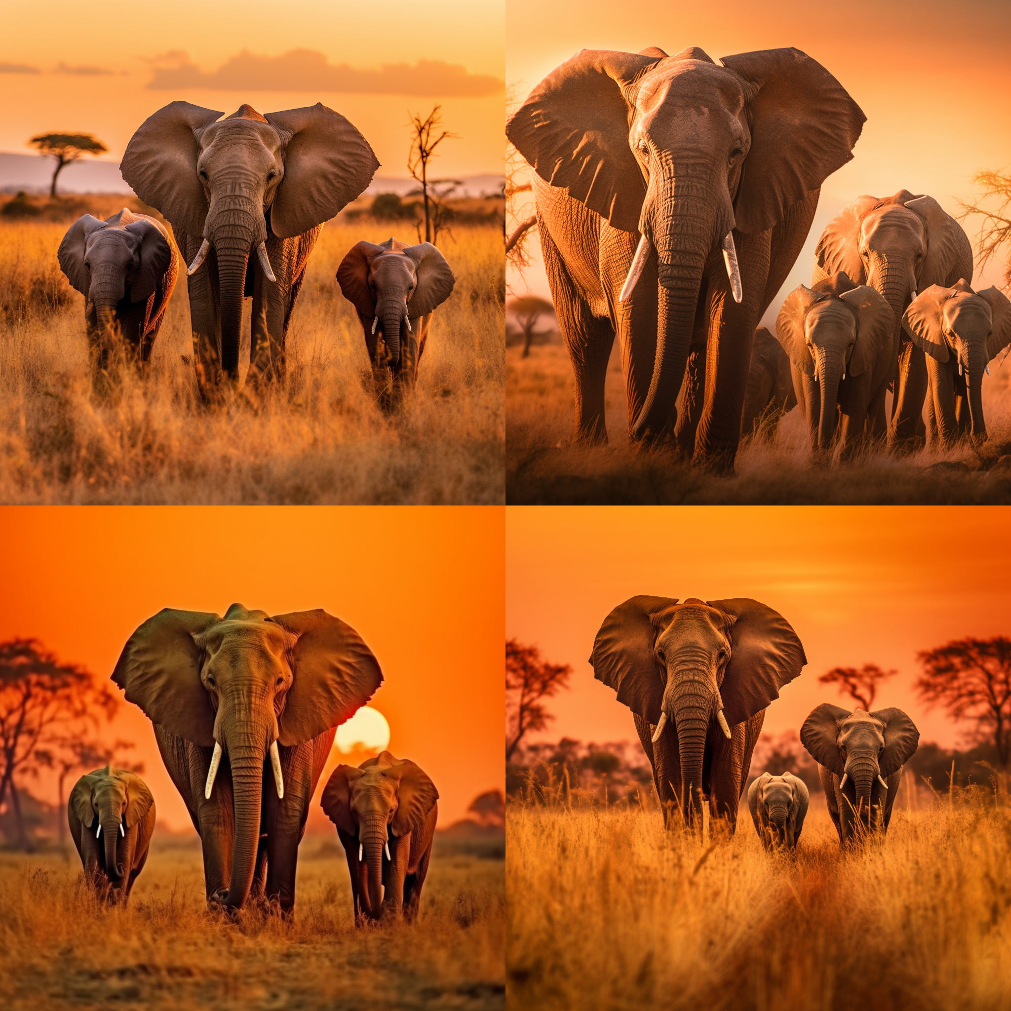 大象一家，草原日落，亲昵互动，温暖色调，长焦镜头，自然光，嬉戏，温馨。