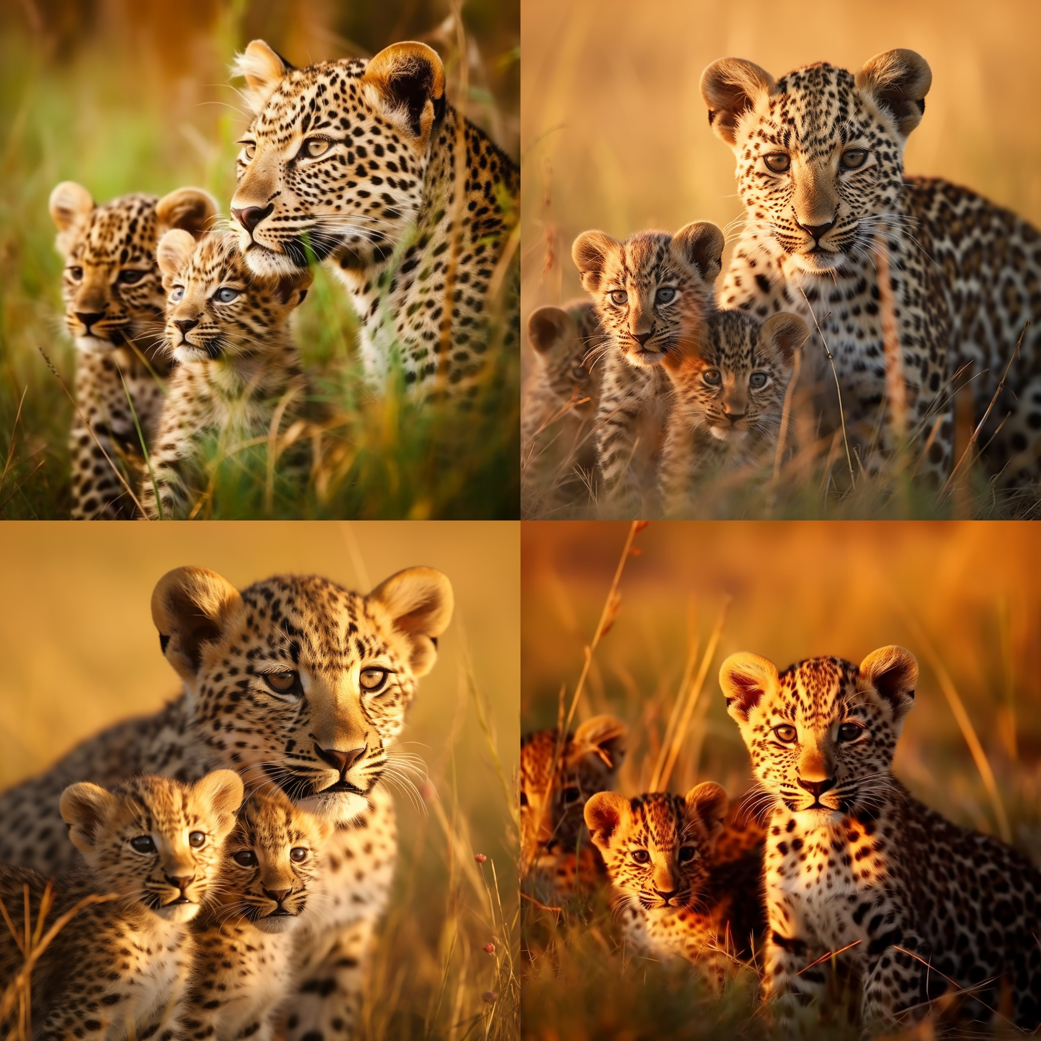 大美洲豹一家，憨态可掬 草原上，家庭团聚，中景构图，自然光，长焦镜头，温暖色调，亲密互动，母爱，黄色斑点，温馨幸福。