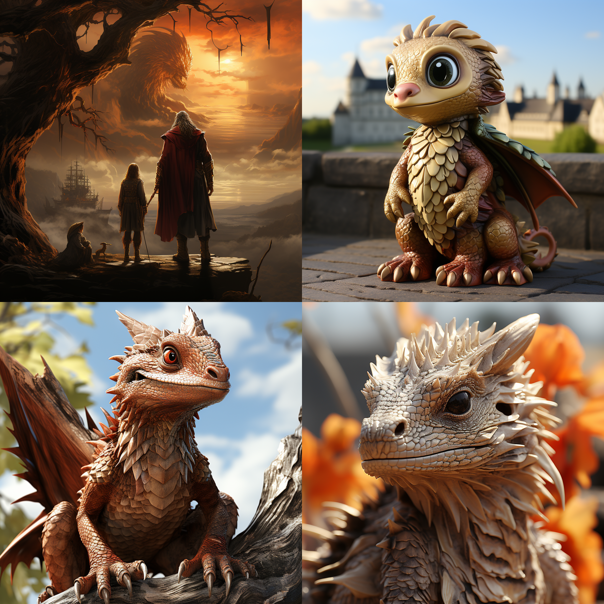 龙一家，站在雄伟的山巅，背景是壮观的日落。龙父母和小龙子围坐在一起，快乐地笑着。他们的皮肤闪烁着金色的光芒。镜头使用长焦距，突出主体，给人一种庄严而亲密的感觉。温暖的色调和柔和的光线增强了家庭的温暖和幸福感。