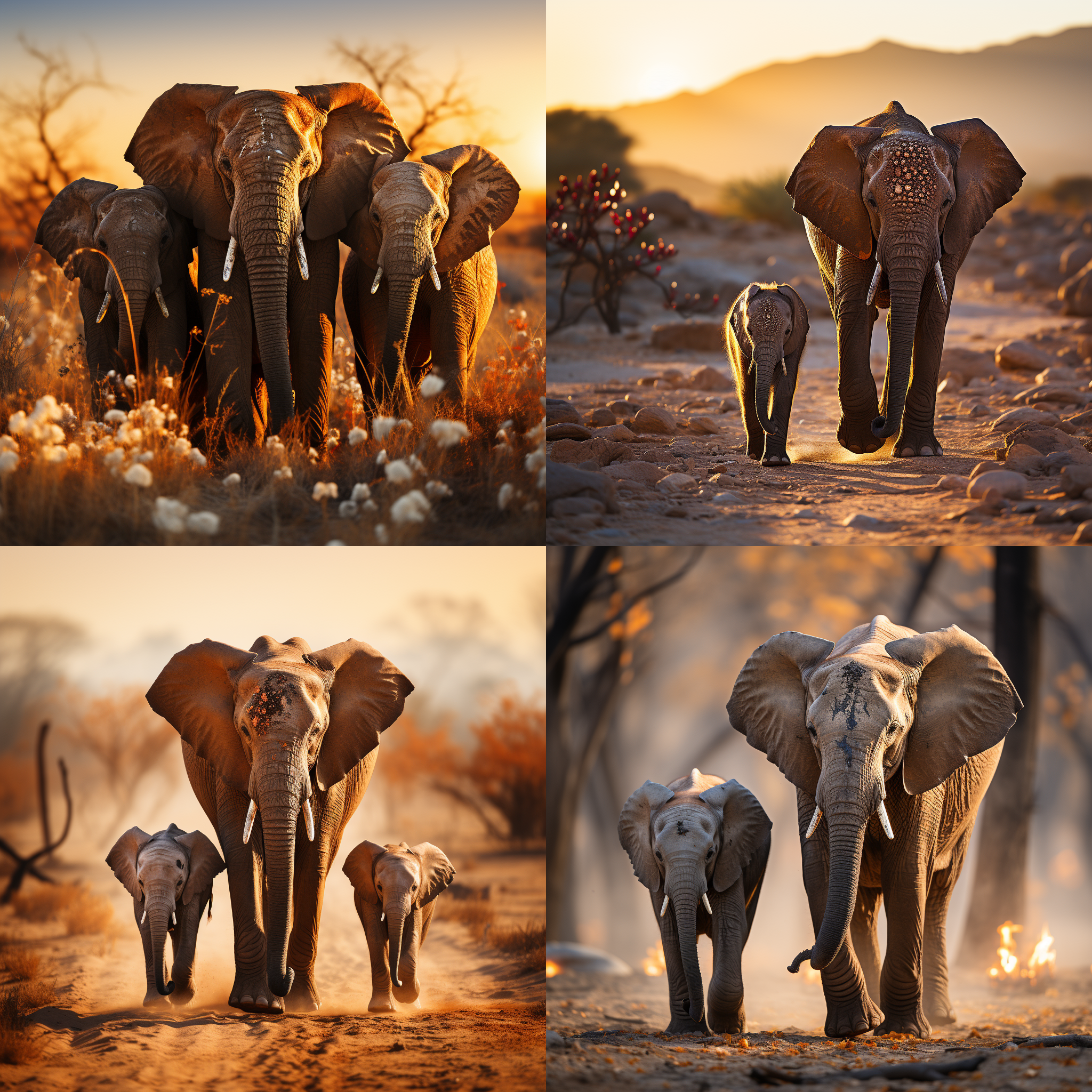 大象一家，沙漠日落，母象与小象侧脸，背靠背，温馨互动，金黄色调，长焦镜头，柔和侧光，亲昵动作，自然元素，温暖情感。