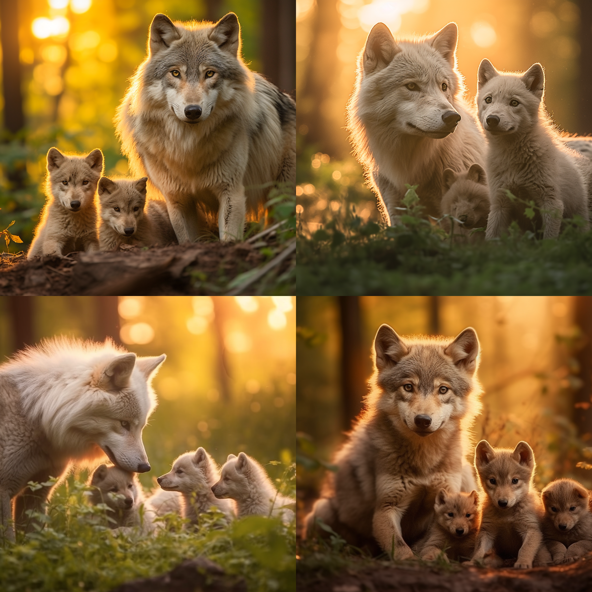 狼一家，夕阳下的森林，母狼与幼崽一起在草地上嬉戏。母狼全身灰白色，毛发浓密，目光温柔。幼崽们皮毛深黑，好奇地张望着周围。构图对称平衡，环境自然，清晰度高，饱和度适中，逆光，长焦镜头，动作活泼，亲密。